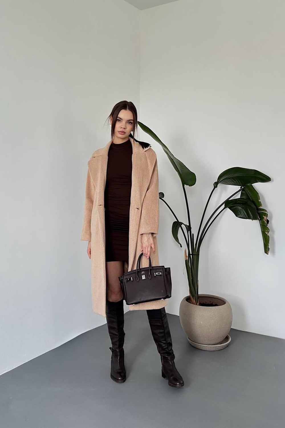 Moda Days Kadın Camel Uzun Kaban Ceket Yaka Düğmeli Cepli Düz Dokuma Kışlık görsel 2