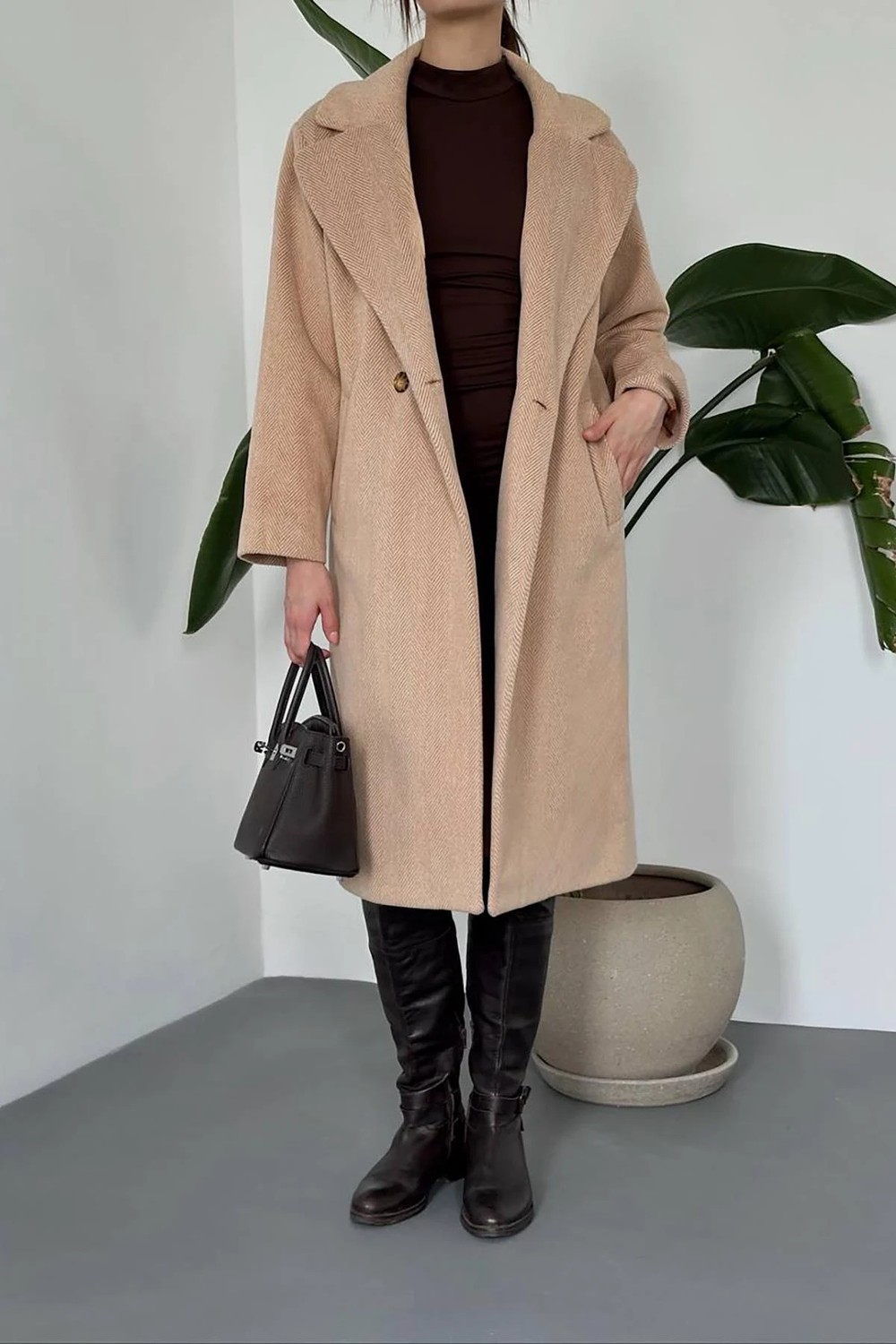 Moda Days Kadın Camel Uzun Kaban Ceket Yaka Düğmeli Cepli Düz Dokuma Kışlık görsel 3
