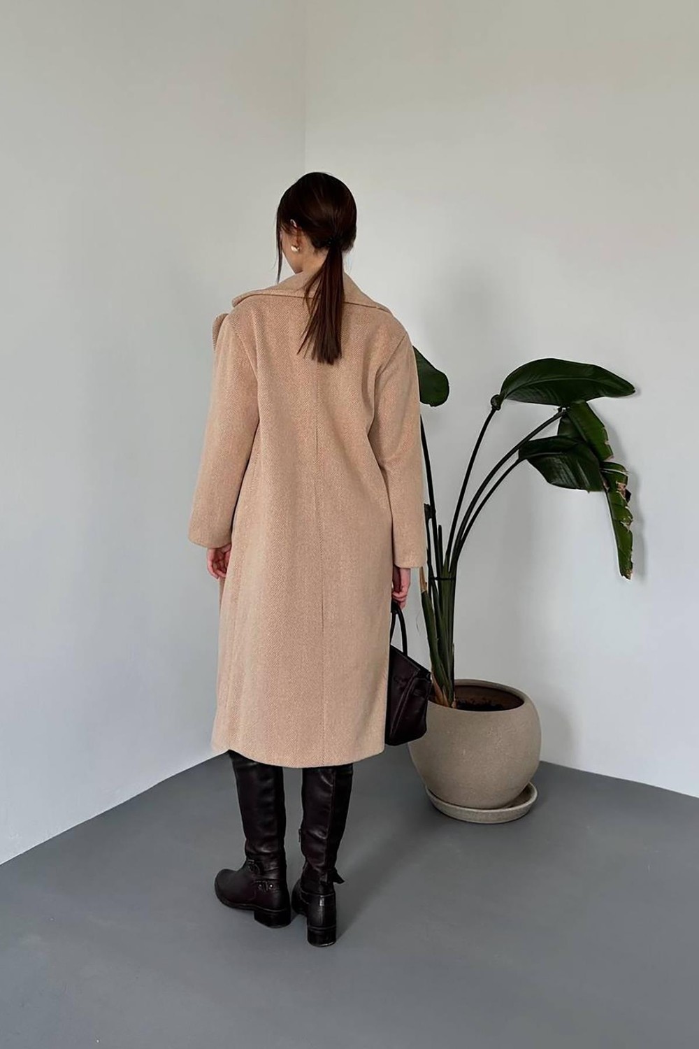 Moda Days Kadın Camel Uzun Kaban Ceket Yaka Düğmeli Cepli Düz Dokuma Kışlık görsel 5