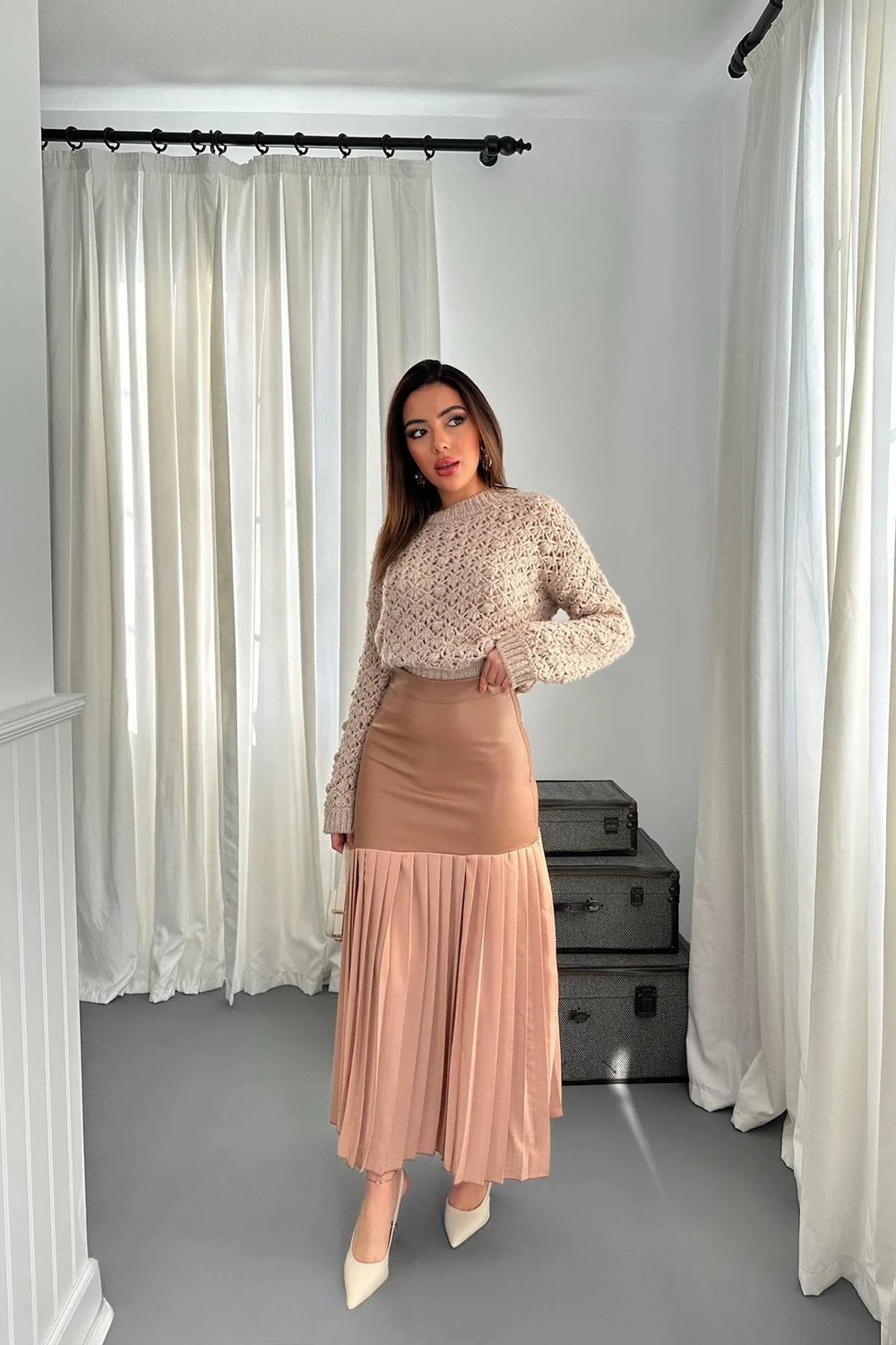 Moda Days Kadın Vizon Deri Garnili Yüksek Bel Altı Piliseli Midi Etek