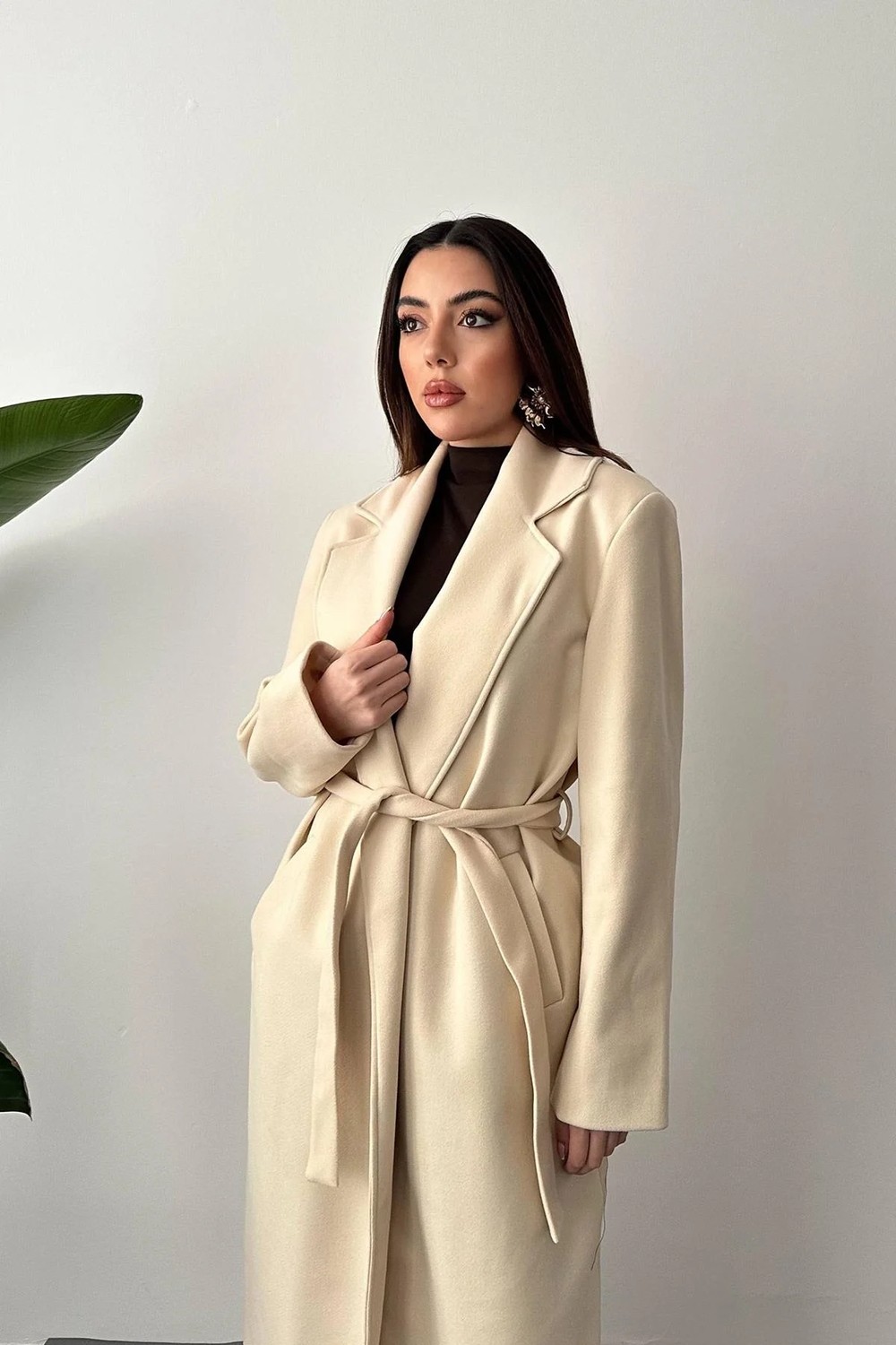 Moda Days Kadın Fuşya Kuşaklı Midi Kaban Ceket Yaka Cepli Uzun Kollu Dokuma Dış Giyim görsel 7