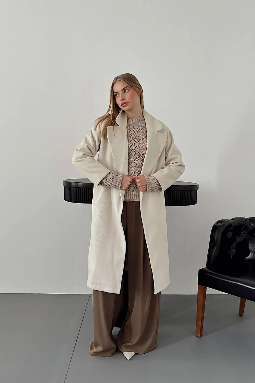 Moda Days Kadın Camel Uzun Kaban Ceket Yaka Düğmeli Cepli Düz Dokuma Kışlık görsel 6