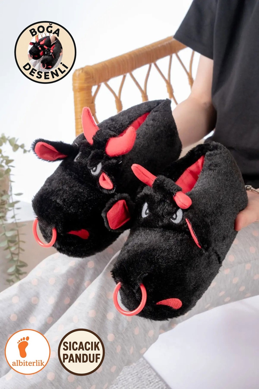 Albishoes Boğa Sessiz Taban Panduf Peluş Ev Ayakkabı Hayvanlı Panduf Ev Ayakkabısı Ses Yapmaz Taban
