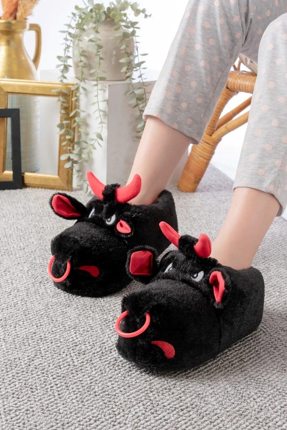 Albishoes Boğa Sessiz Taban Panduf Peluş Ev Ayakkabı Hayvanlı Panduf Ev Ayakkabısı Ses Yapmaz Taban görsel 2