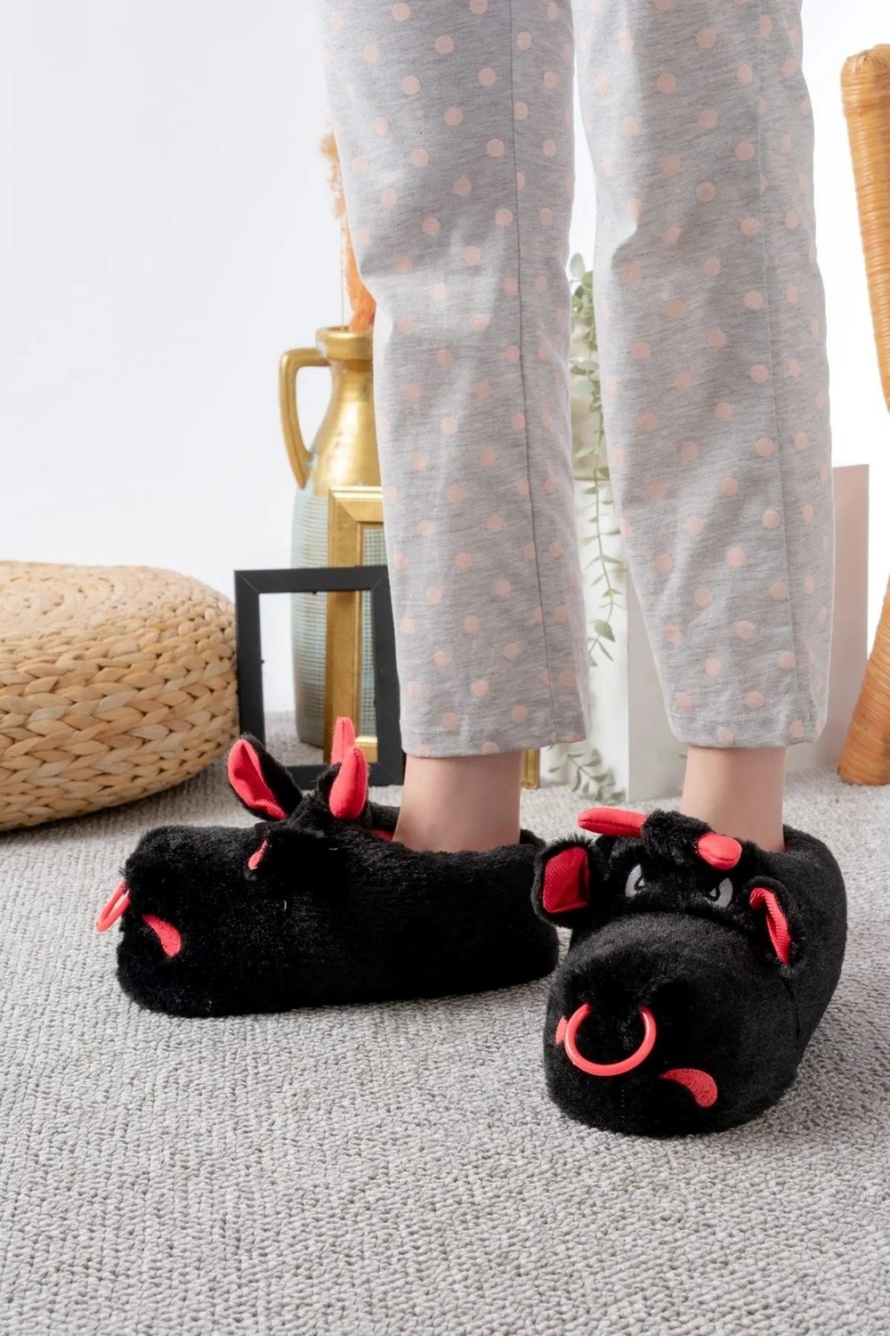 Albishoes Boğa Sessiz Taban Panduf Peluş Ev Ayakkabı Hayvanlı Panduf Ev Ayakkabısı Ses Yapmaz Taban görsel 3