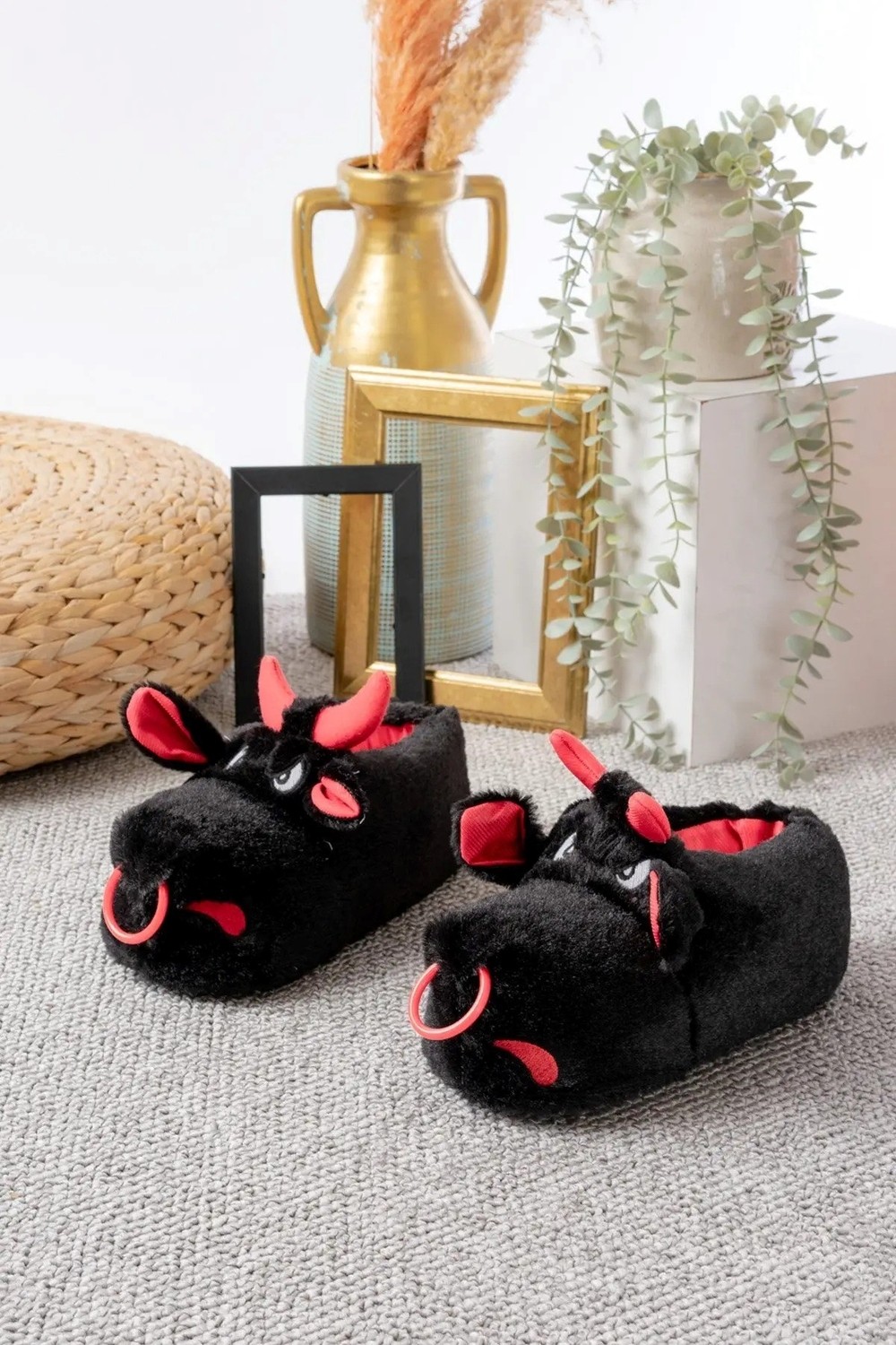 Albishoes Boğa Sessiz Taban Panduf Peluş Ev Ayakkabı Hayvanlı Panduf Ev Ayakkabısı Ses Yapmaz Taban görsel 4