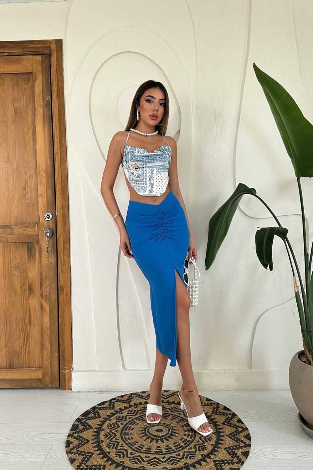 Moda Days Kadın Yeşil Yırtmaçlı Midi Etek Büzgü Detaylı Yüksek Bel Düz Kalem Kesim
