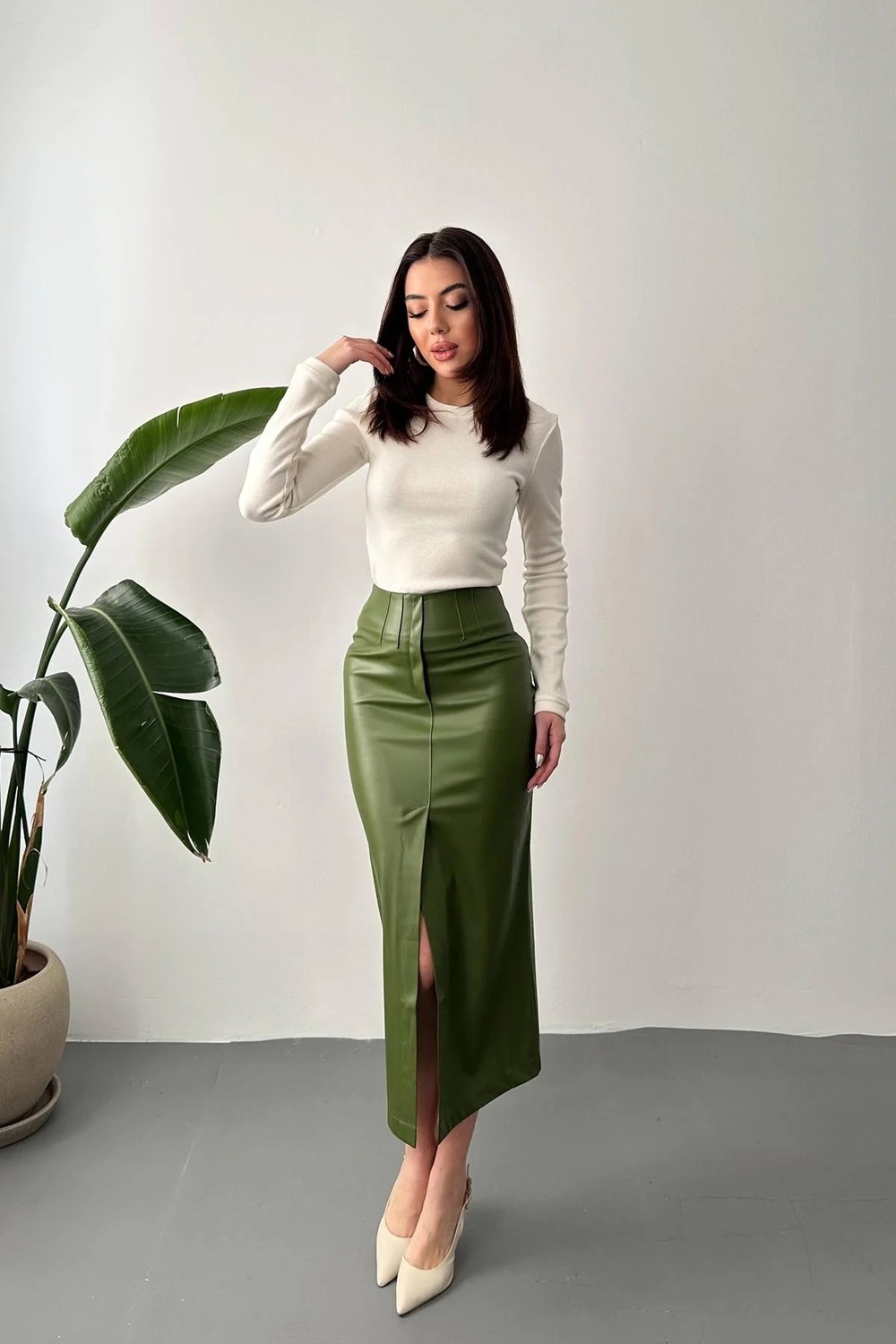 Moda Days Kadın Pudra Yüksek Bel Yırtmaçlı Süs Patlı Kalem Kesim Midi Etek
