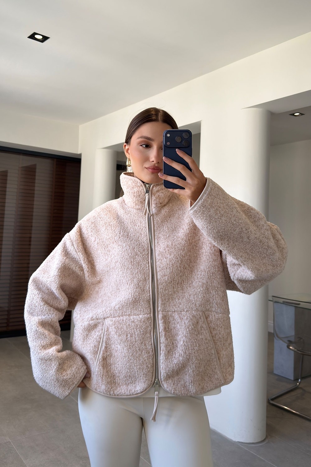 Magarde Fermuarlı Dik Yaka Polar Ceket- Bej