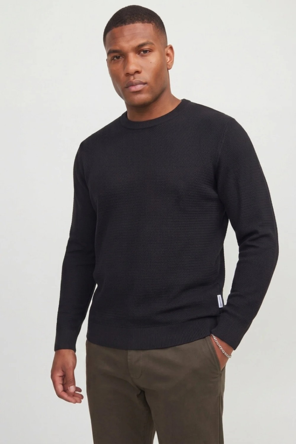 Jack & Jones Erkek Triko Kazak Bisiklet Yaka Uzun Kollu Örgü Desenli Slim Fit Siyah Renk Günlük