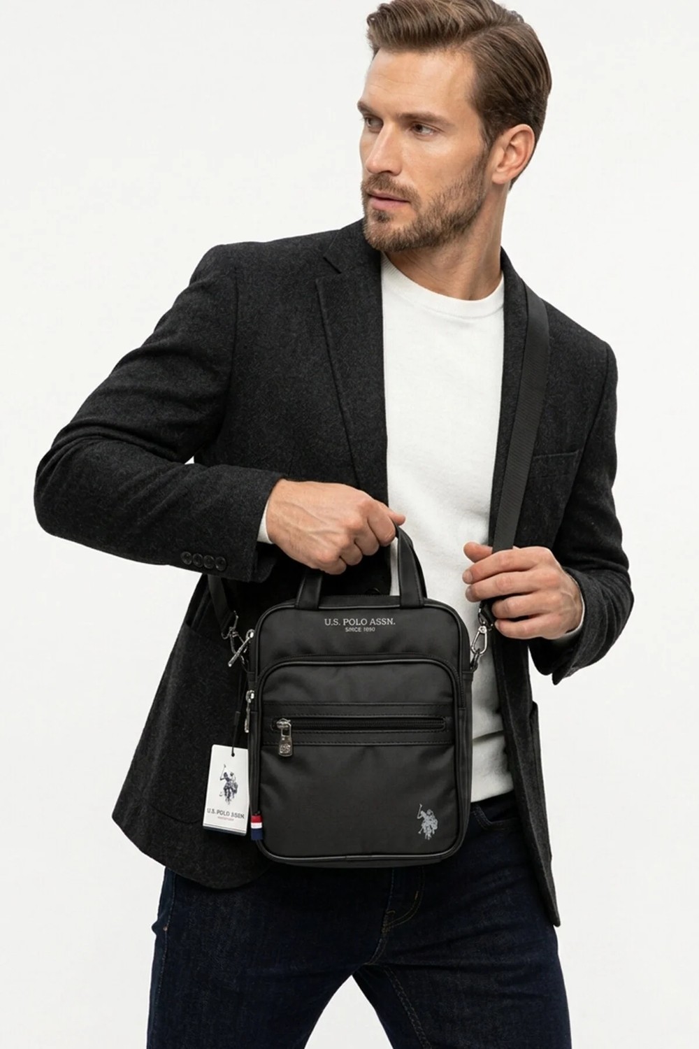 U.S. Polo Assn. Siyah Erkek Naylon El Omuz Crossbody Çanta Saplı Hafif Su Itici Postacı Çantası