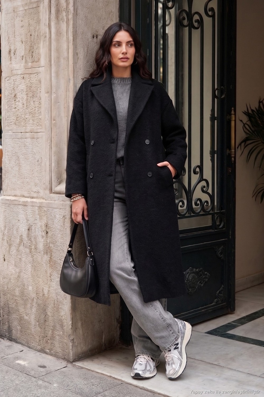 Lela Oversize Fit Mono Yaka Düğmeli Buklet Uzun Kaşe Kaban Kadın Kaban 6811997