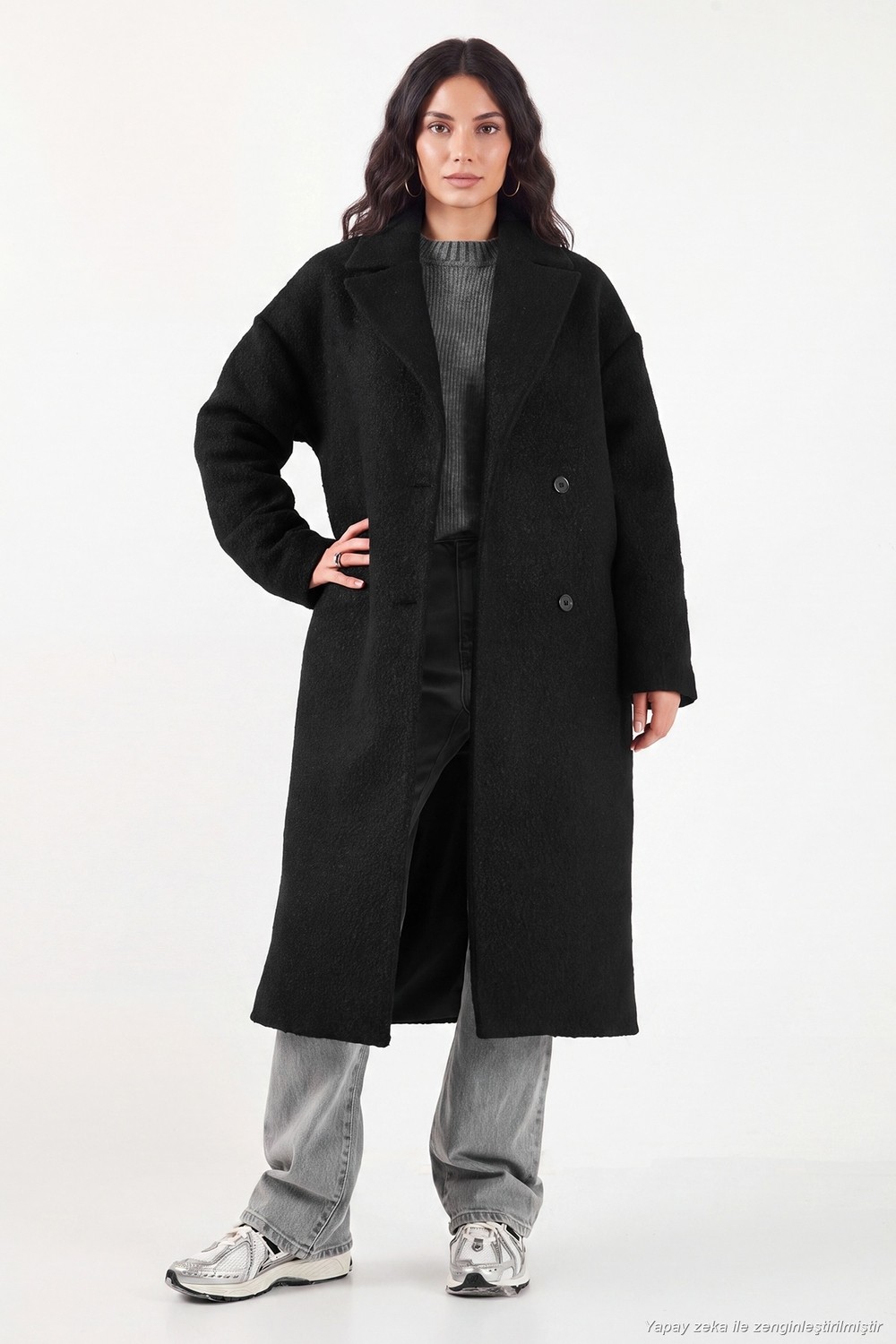 Lela Oversize Fit Mono Yaka Düğmeli Buklet Uzun Kaşe Kaban Kadın Kaban 6811997 görsel 2