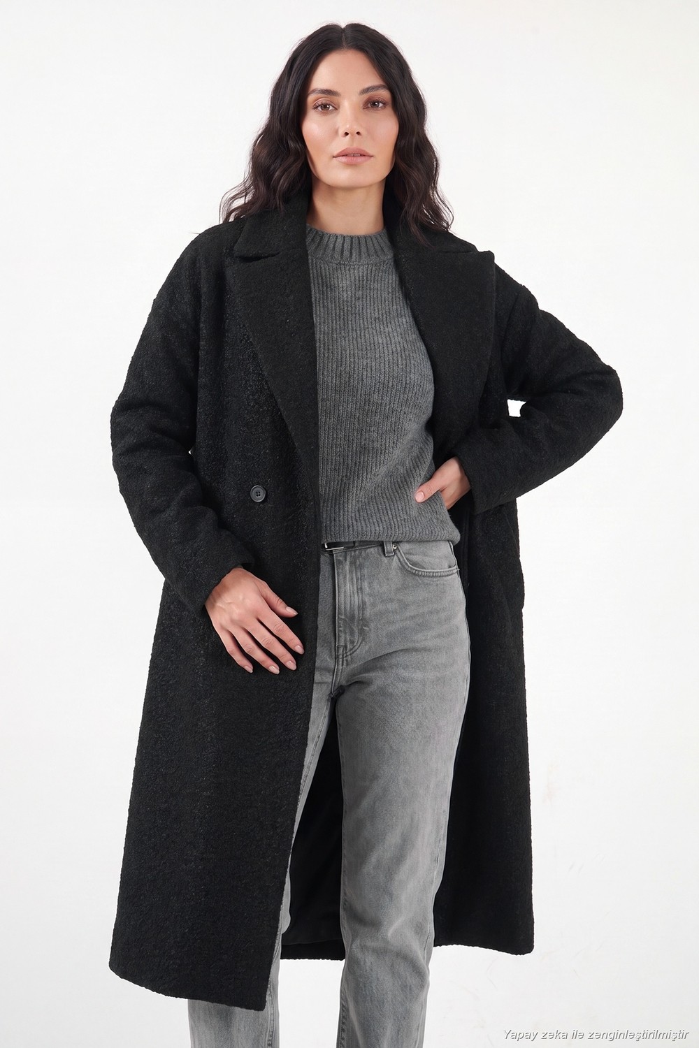 Lela Oversize Fit Mono Yaka Düğmeli Buklet Uzun Kaşe Kaban Kadın Kaban 6811997 görsel 3