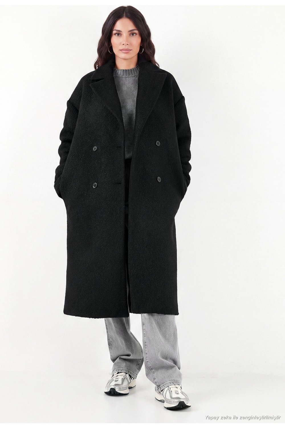 Lela Oversize Fit Mono Yaka Düğmeli Buklet Uzun Kaşe Kaban Kadın Kaban 6811997 görsel 4