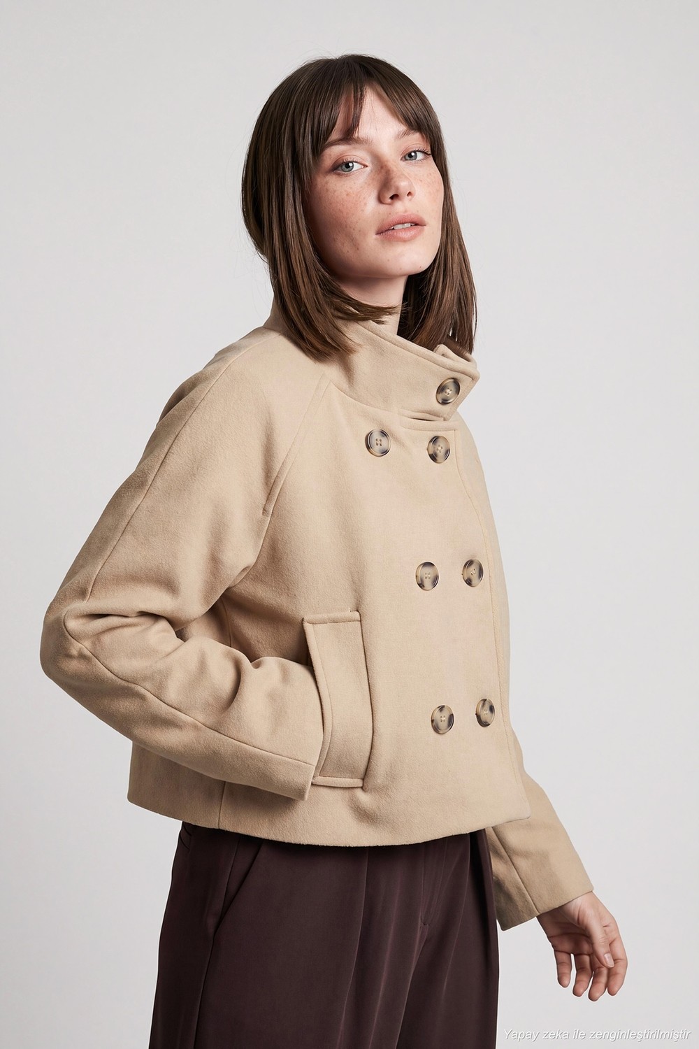 Lela Dik Yaka Düğmeli Kısa Kaşe Mont Kadın Kaşe Mont 611AW115 görsel 4