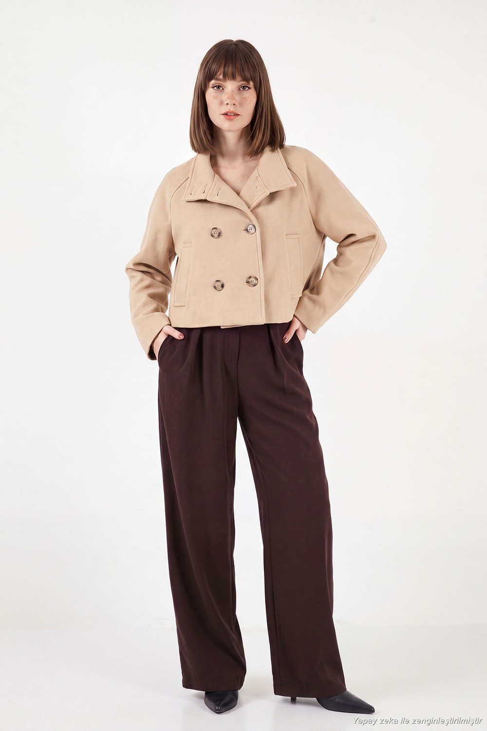 Lela Dik Yaka Düğmeli Kısa Kaşe Mont Kadın Kaşe Mont 611AW115 görsel 5
