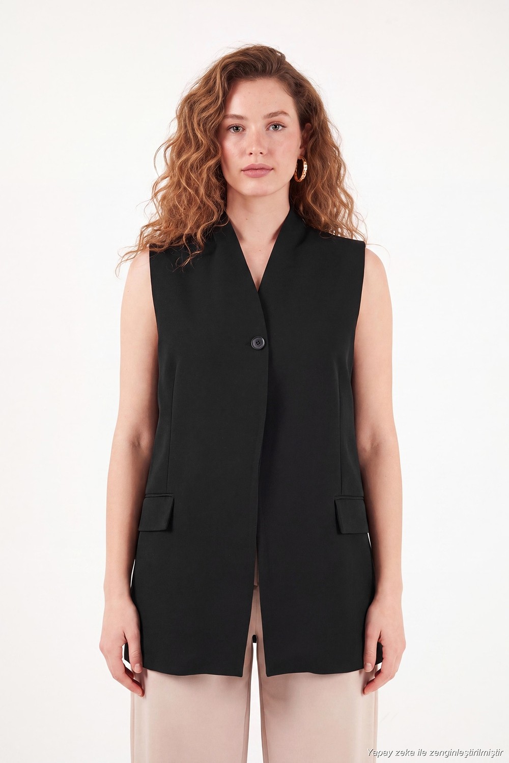 Lela Tek Düğmeli Kapaklı Cep Detaylı Uzun Blazer Yelek Kadın Yelek 6521212 görsel 4