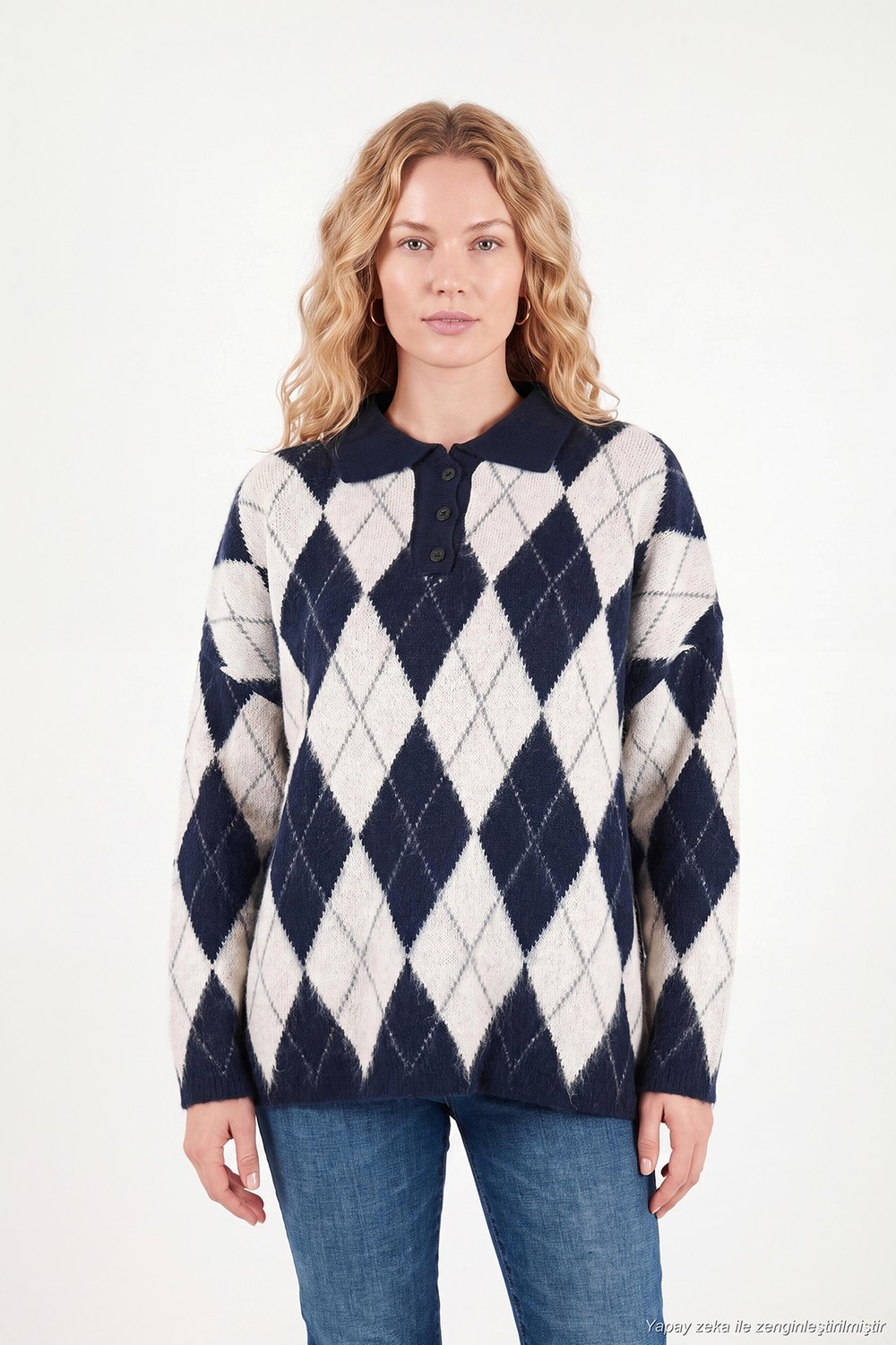 Lela Oversize Baklava Desenli Düğmeli Polo Yaka Kazak Kadın Polo Yaka Kazak 4615593 görsel 4