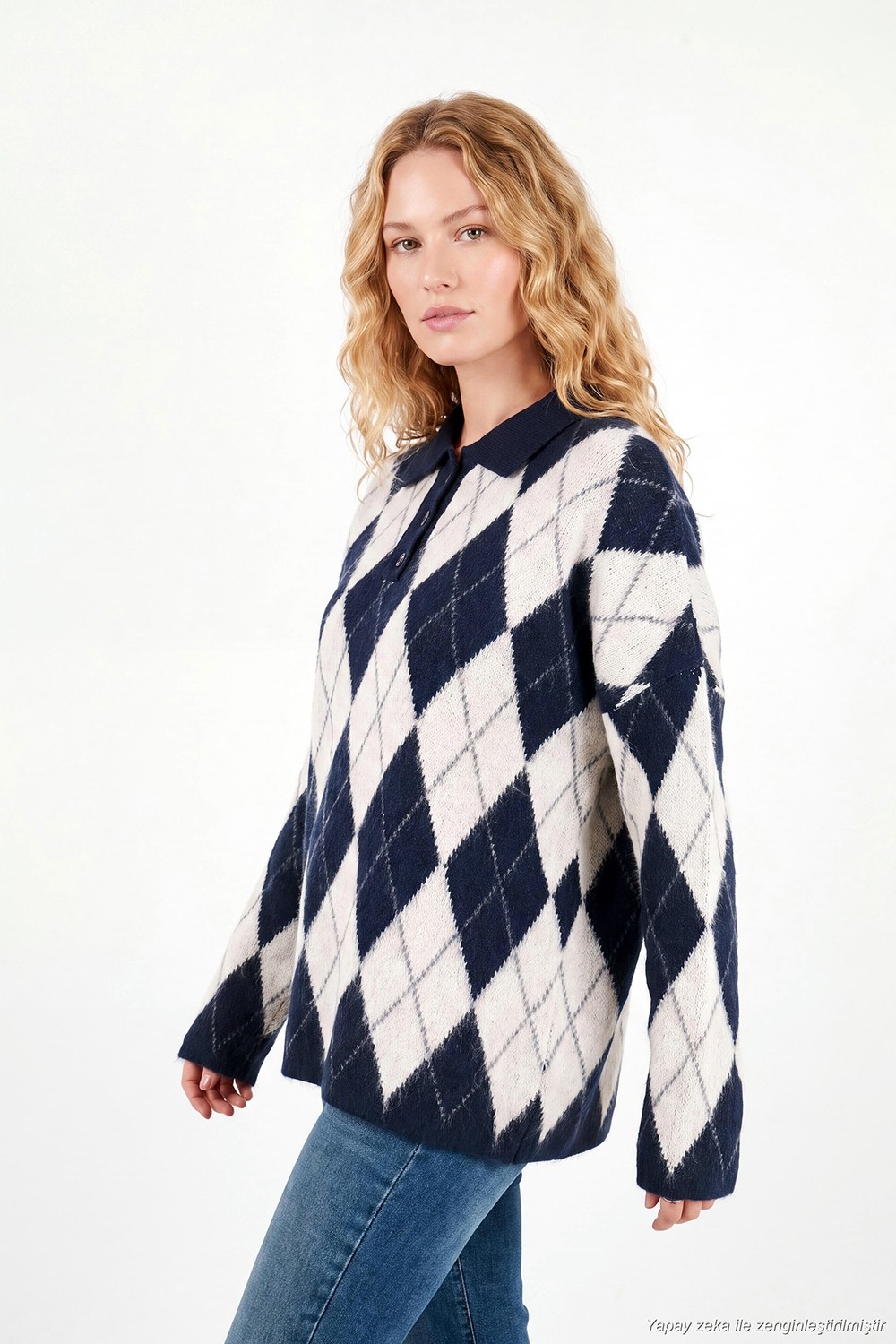 Lela Oversize Baklava Desenli Düğmeli Polo Yaka Kazak Kadın Polo Yaka Kazak 4615593 görsel 5