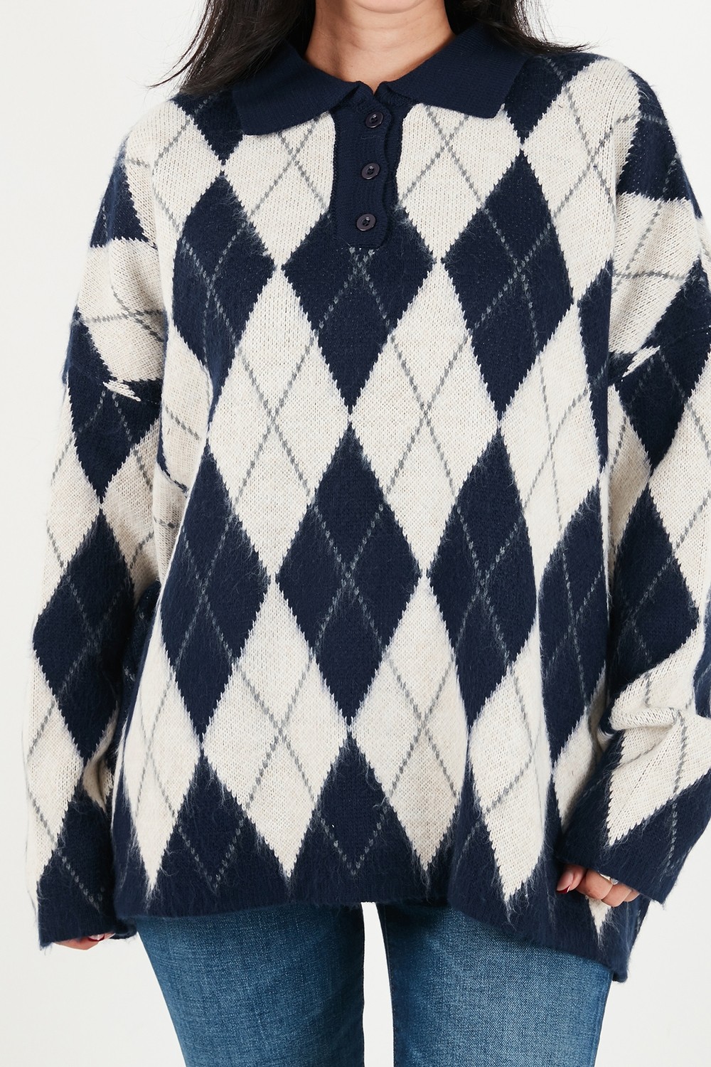 Lela Oversize Baklava Desenli Düğmeli Polo Yaka Kazak Kadın Polo Yaka Kazak 4615593 görsel 6