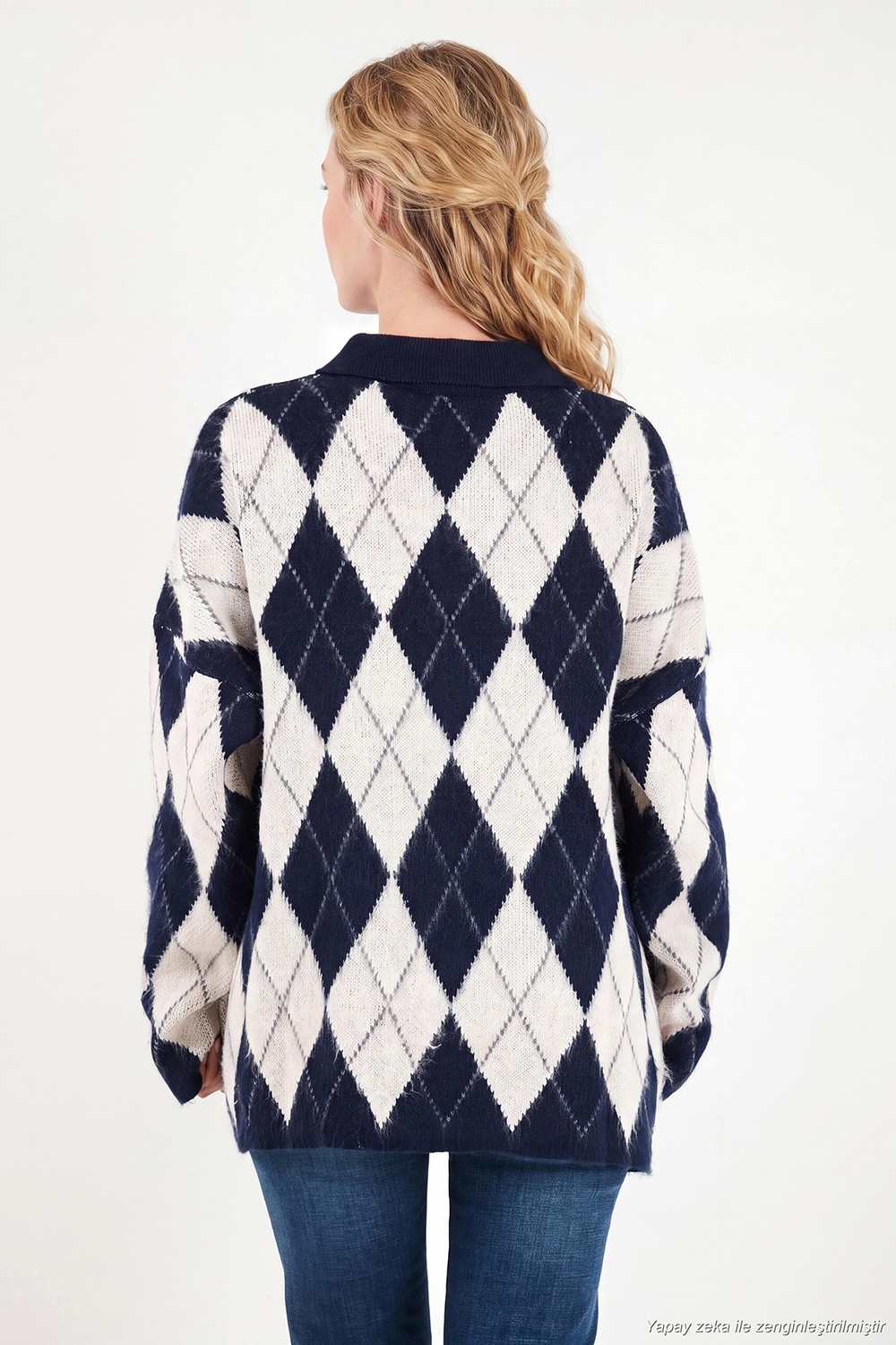 Lela Oversize Baklava Desenli Düğmeli Polo Yaka Kazak Kadın Polo Yaka Kazak 4615593 görsel 7