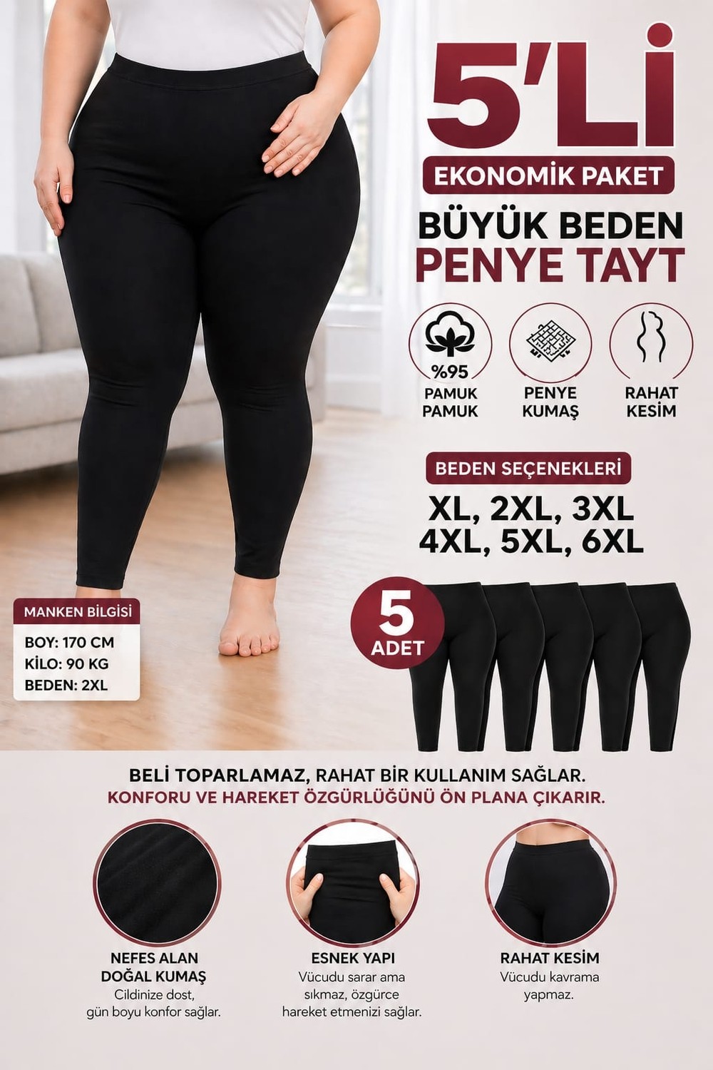 Medament 5'li Büyük Beden Ağlı Penye Tayt ( Extra Büyük Beden) Rahat Kalıp, Yüksek Bel.