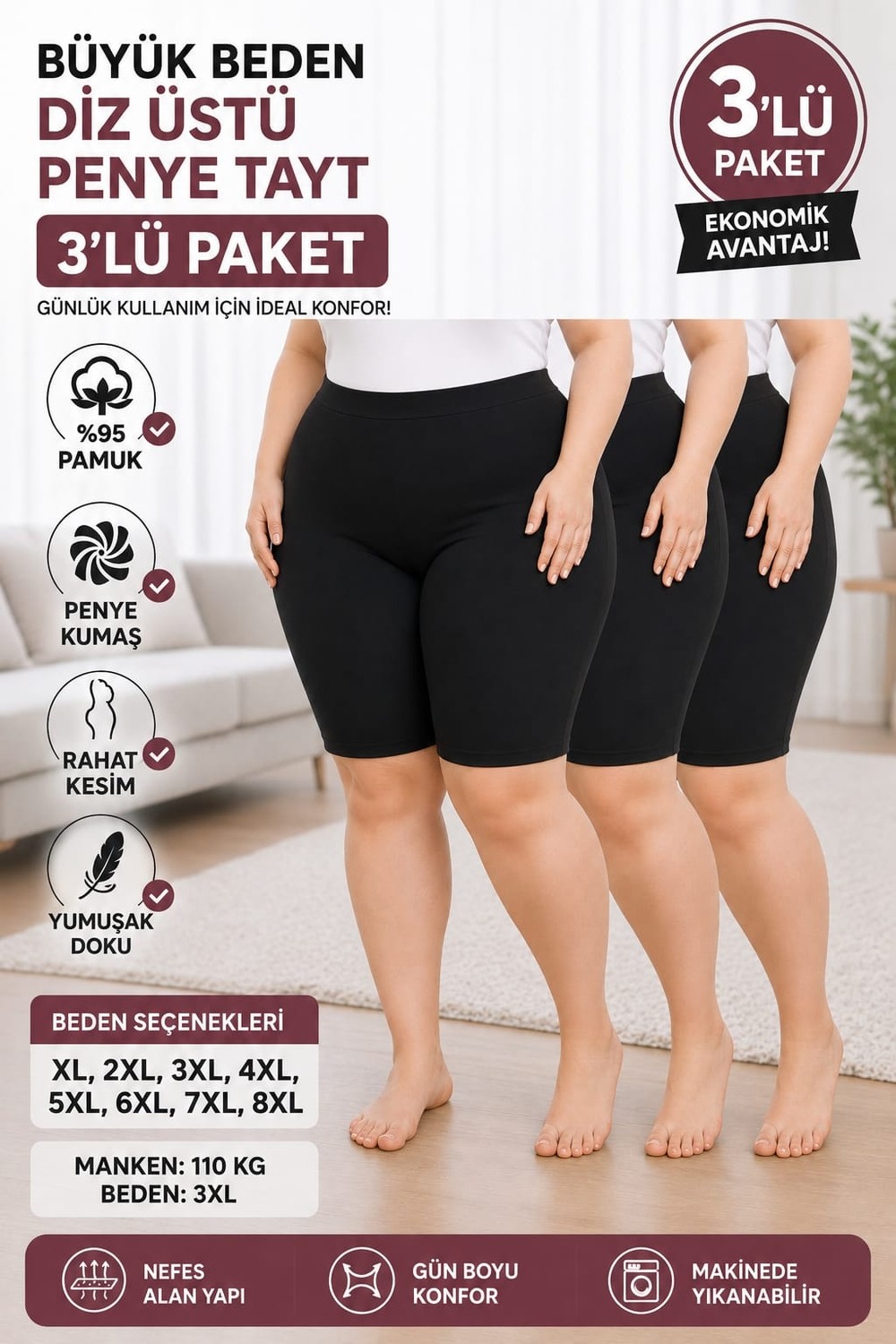 Medament 3'lü Büyük Beden Ağlı Diz Üstü Kısa Penye Tayt(Extra Büyük Beden) Rahat Kalıp, Yüksek Bel.