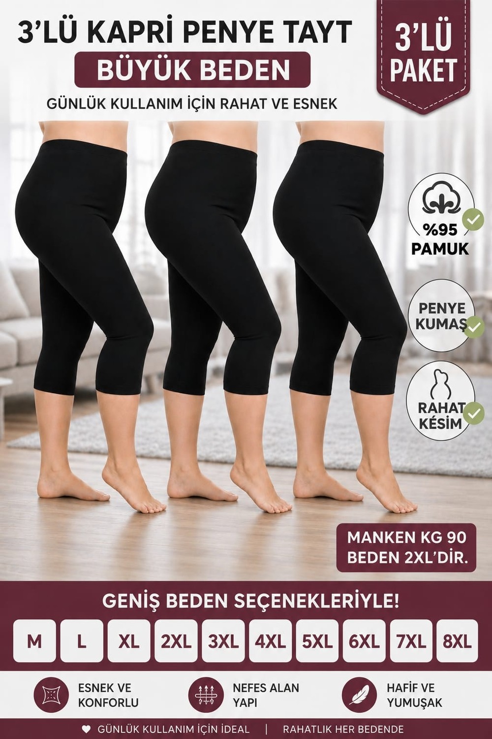 Medament 3’lü Büyük Beden Anne Kapri Penye Tayt, Gün Boyu Rahatlık & Avantajlı Paket