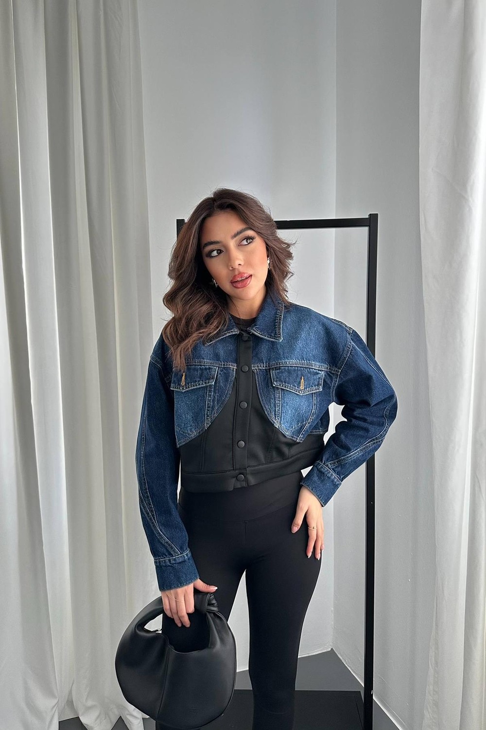 Moda Days Kadın Siyah Ceket Denim Garnili Çıtçıtlı Crop Gömlek Yakalı Uzun Kollu
