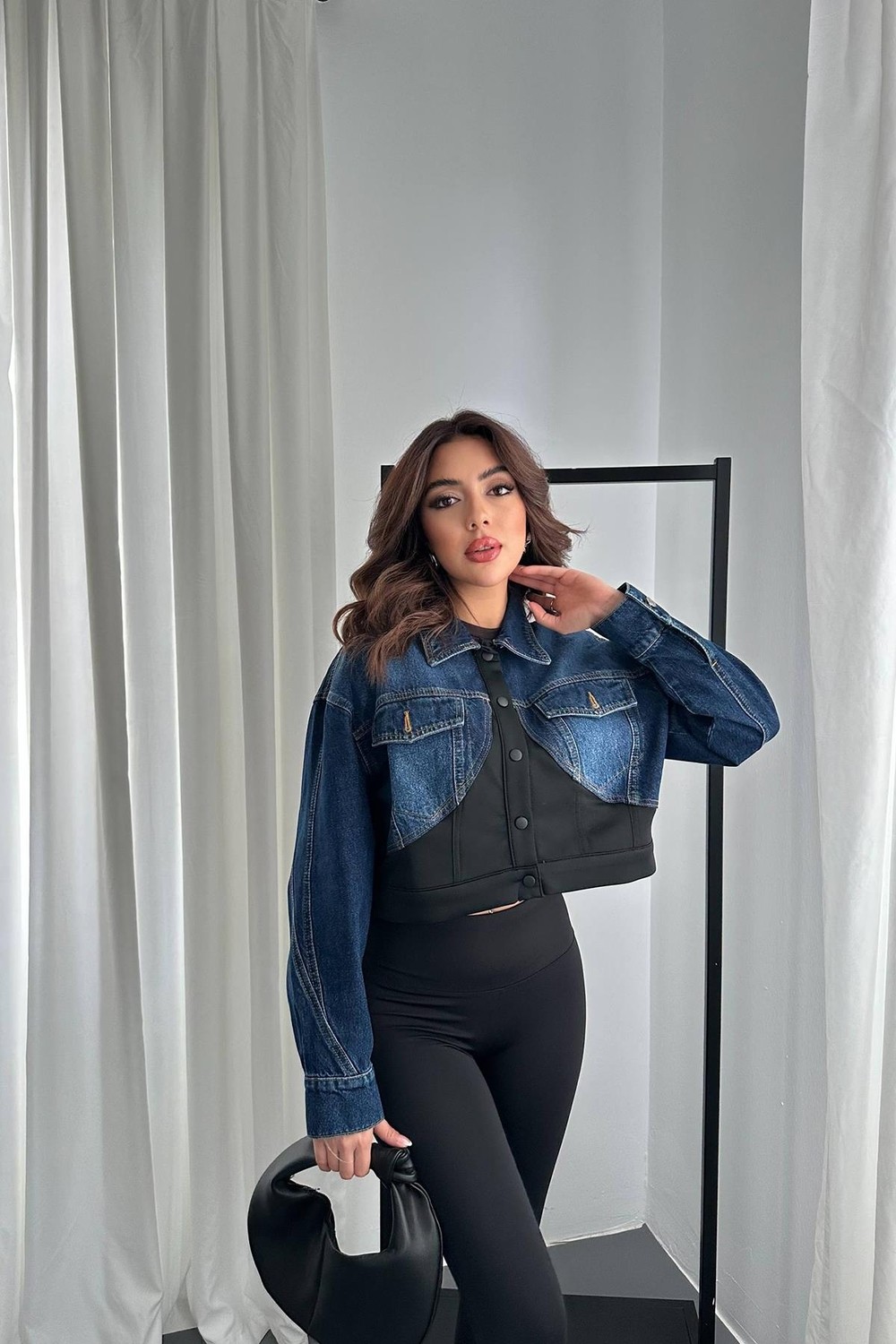 Moda Days Kadın Siyah Ceket Denim Garnili Çıtçıtlı Crop Gömlek Yakalı Uzun Kollu görsel 2