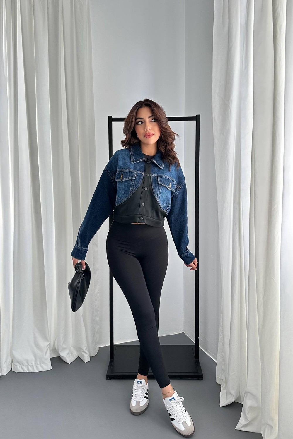 Moda Days Kadın Siyah Ceket Denim Garnili Çıtçıtlı Crop Gömlek Yakalı Uzun Kollu görsel 3
