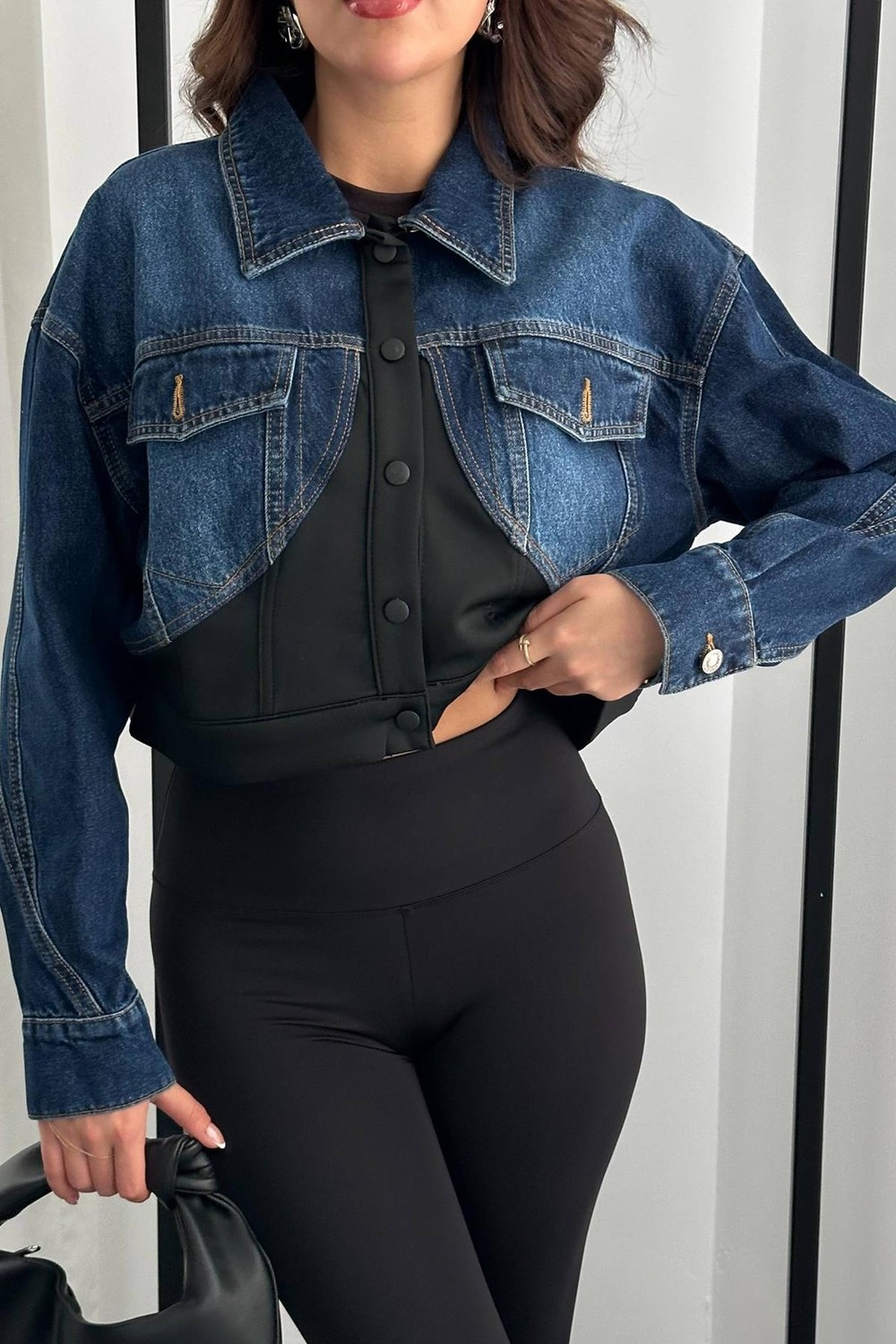 Moda Days Kadın Siyah Ceket Denim Garnili Çıtçıtlı Crop Gömlek Yakalı Uzun Kollu görsel 4