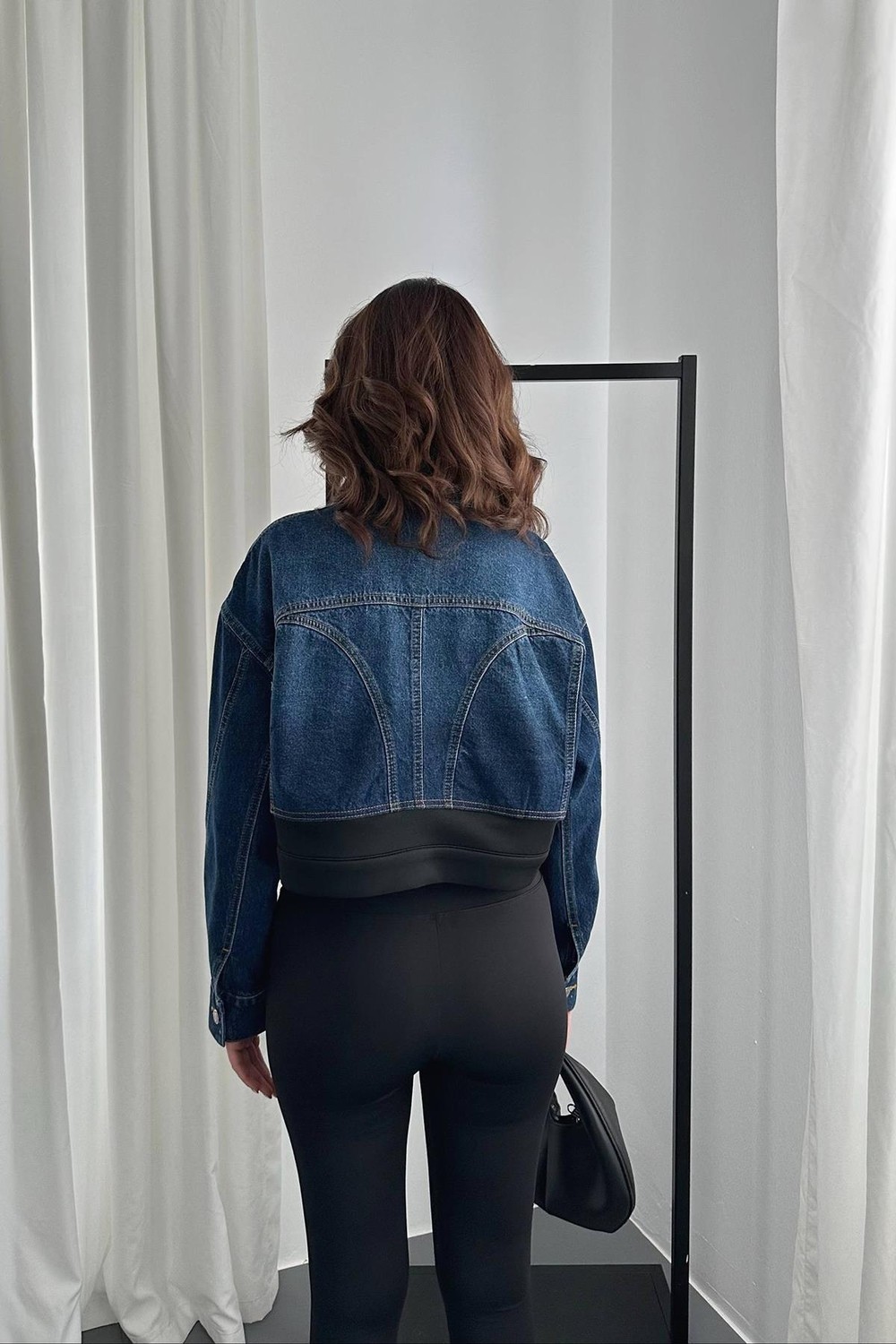Moda Days Kadın Siyah Ceket Denim Garnili Çıtçıtlı Crop Gömlek Yakalı Uzun Kollu görsel 5