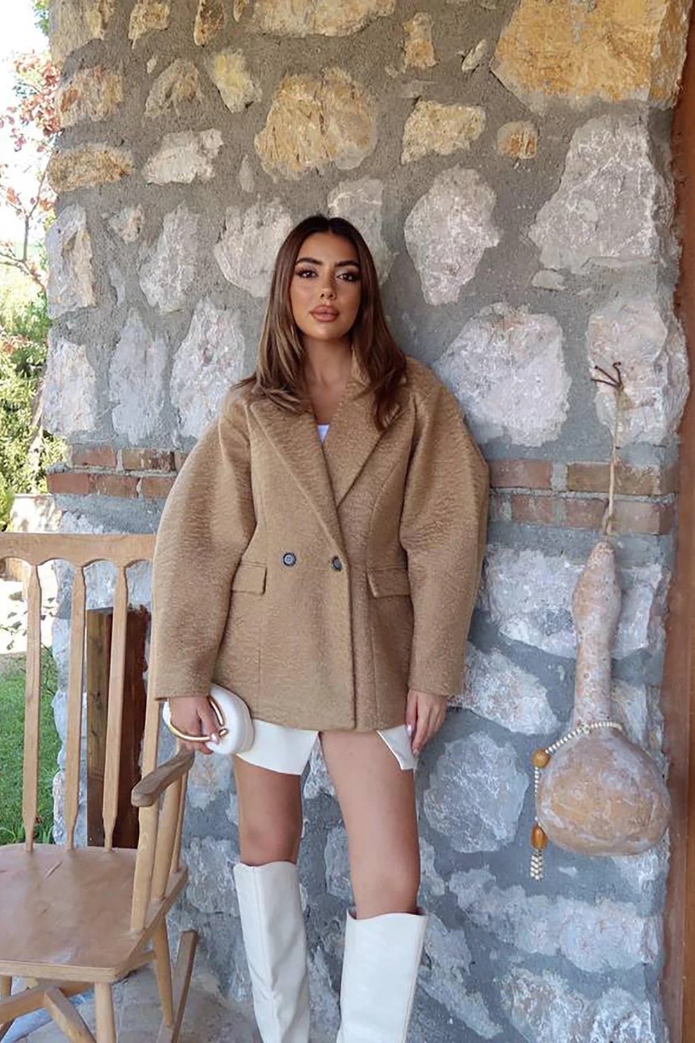 Moda Days Kadın Camel Kısa Kruvaze Kaban Iki Düğmeli Astarlı Cepli Dokulu