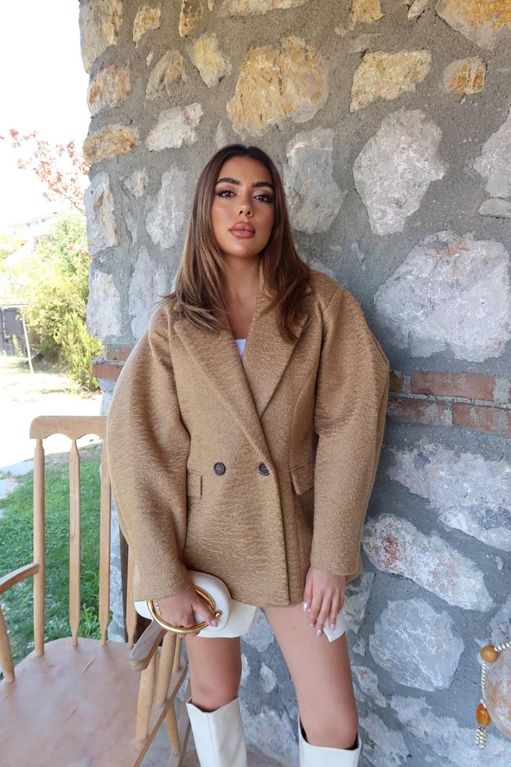 Moda Days Kadın Camel Kısa Kruvaze Kaban Iki Düğmeli Astarlı Cepli Dokulu görsel 2