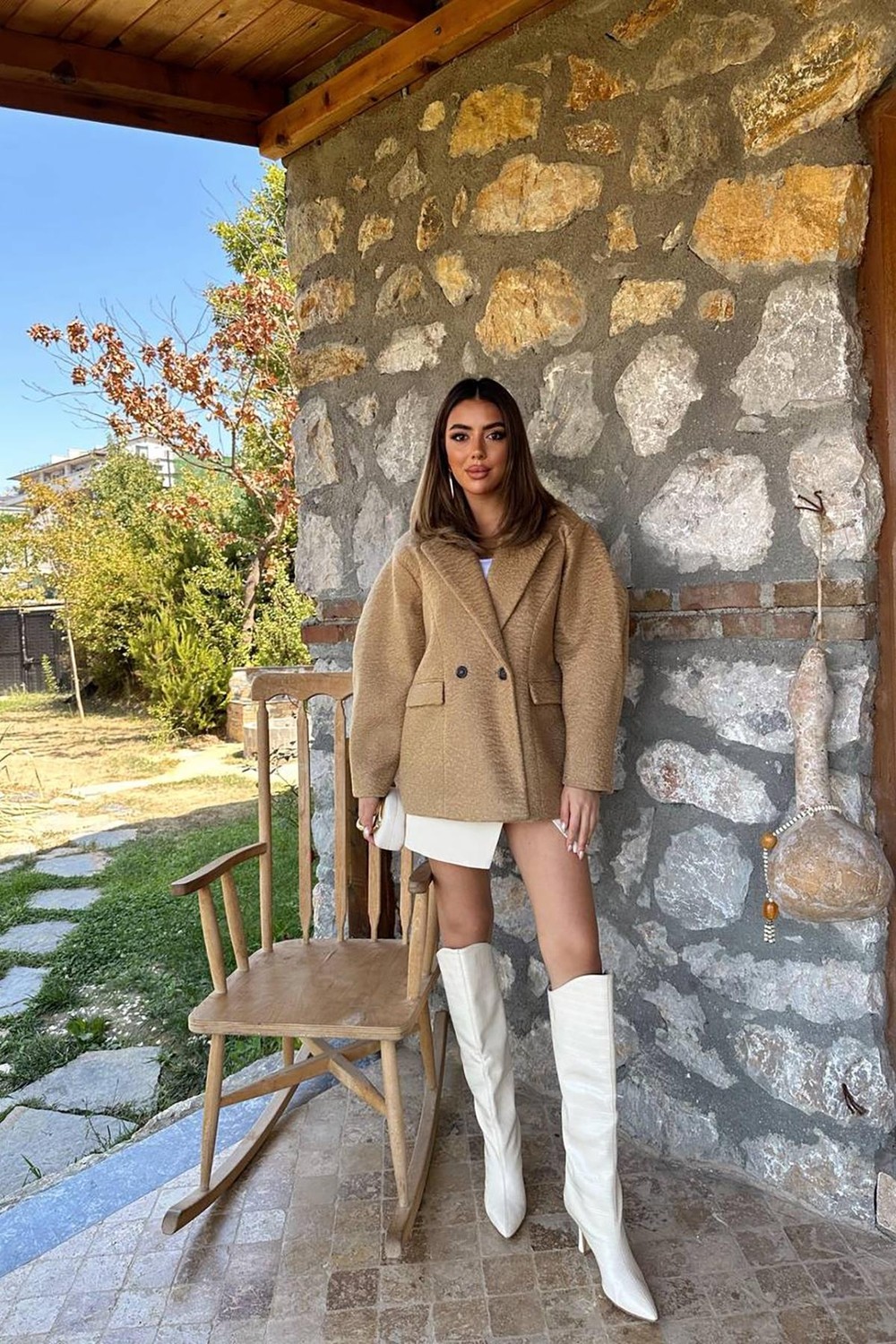 Moda Days Kadın Camel Kısa Kruvaze Kaban Iki Düğmeli Astarlı Cepli Dokulu görsel 3