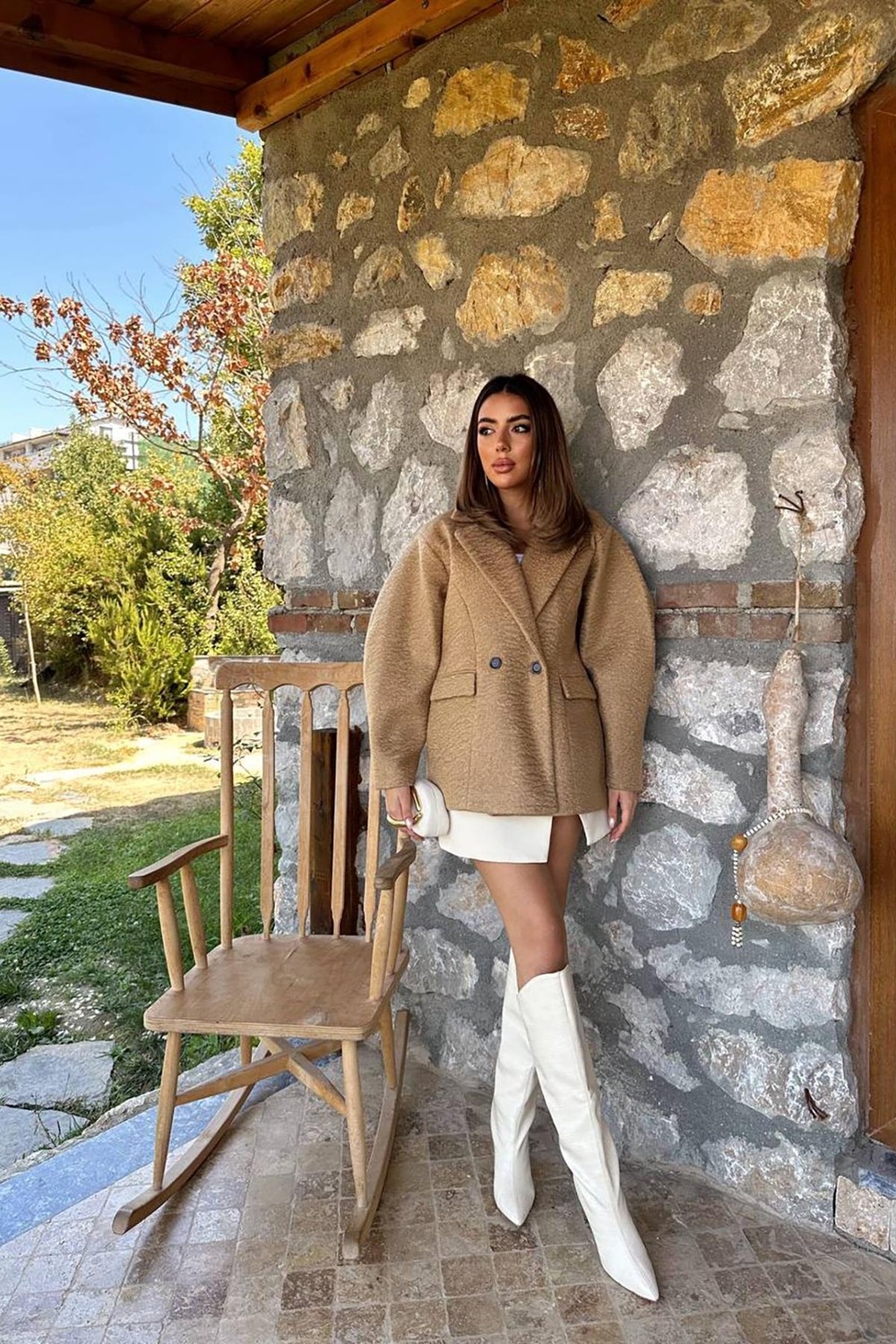 Moda Days Kadın Camel Kısa Kruvaze Kaban Iki Düğmeli Astarlı Cepli Dokulu görsel 4