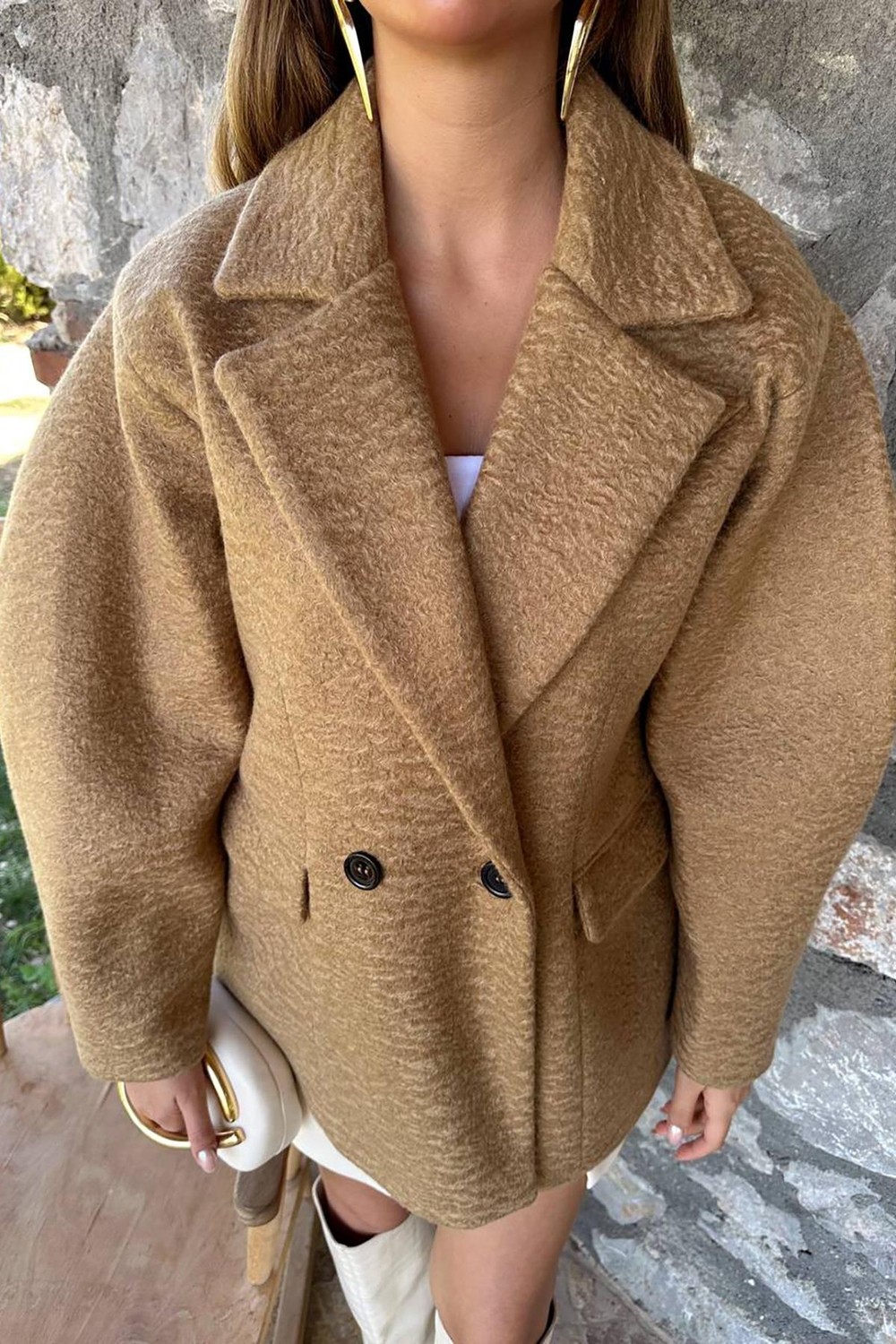 Moda Days Kadın Camel Kısa Kruvaze Kaban Iki Düğmeli Astarlı Cepli Dokulu görsel 5