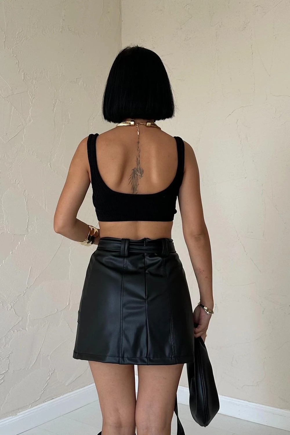 Moda Days Kadın Siyah Suni Deri Kemerli Mini Etek Metal Detaylı A Kesim görsel 4