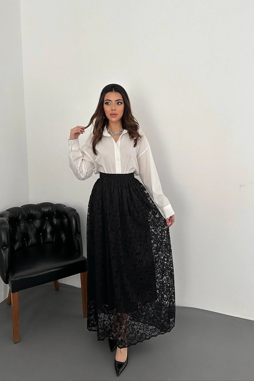 Moda Days Kadın Siyah Uzun Dantel Etek Lastikli Bel Astarlı A Kesim Davet Stili