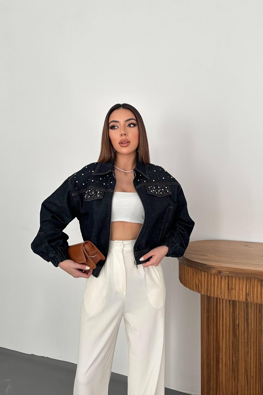 Moda Days Kadın Mavi Taş Aksesuarlı Crop Denim Ceket Gömlek Yakalı Fermuarlı