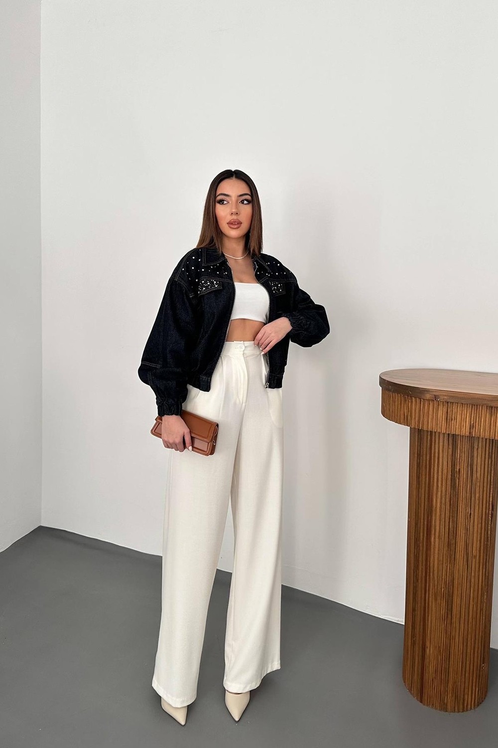 Moda Days Kadın Mavi Taş Aksesuarlı Crop Denim Ceket Gömlek Yakalı Fermuarlı görsel 3