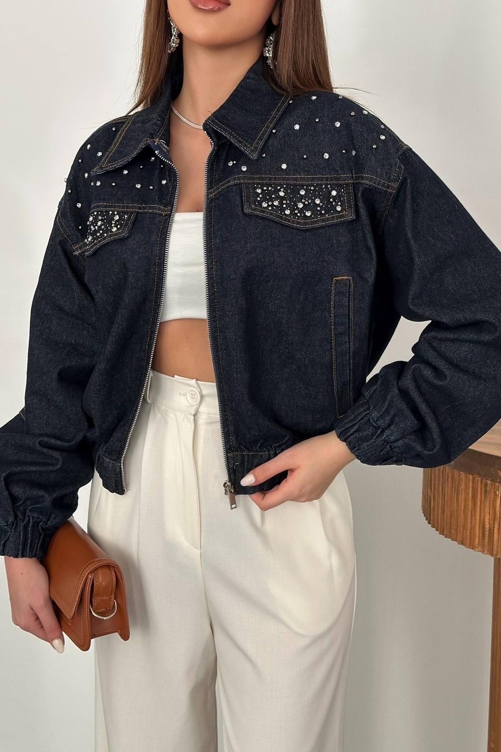 Moda Days Kadın Mavi Taş Aksesuarlı Crop Denim Ceket Gömlek Yakalı Fermuarlı görsel 4