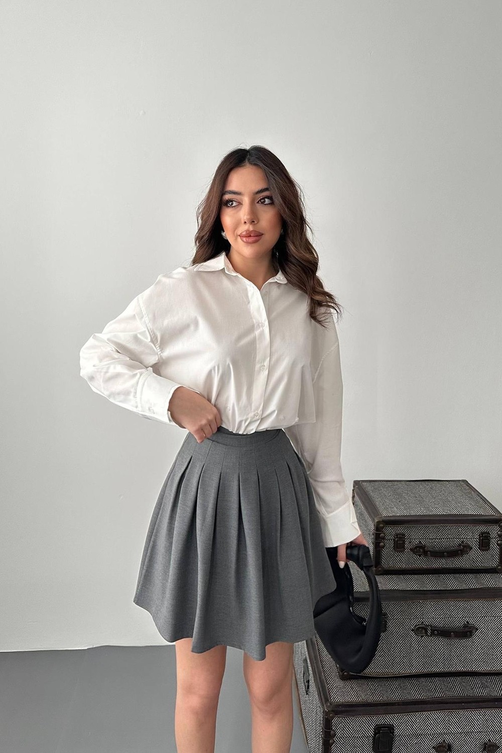 Moda Days Kadın Gri Pileli Mini Etek Yüksek Bel Düz Dokuma Günlük Şık A Kesim görsel 8