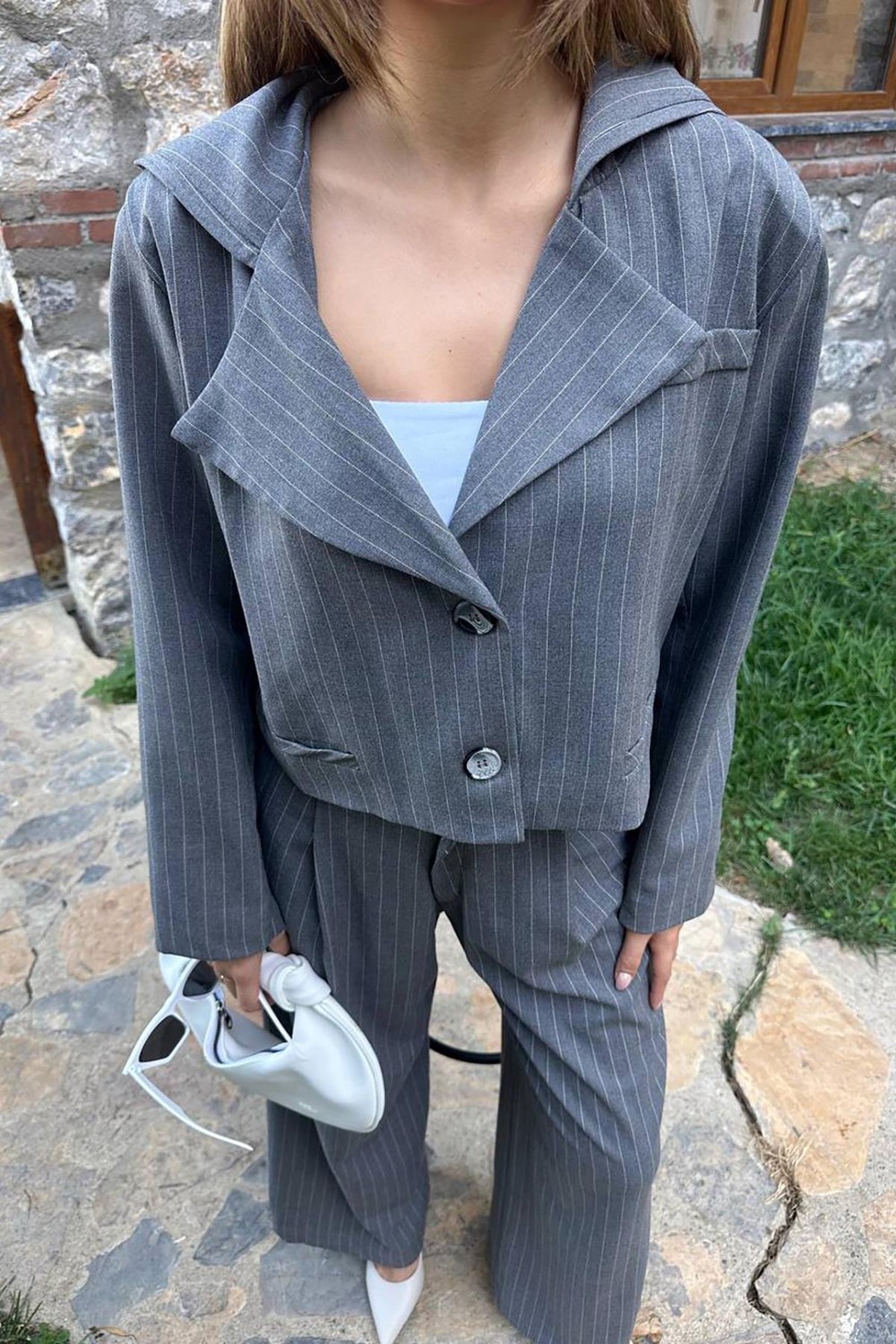 Moda Days Kadın Gri Crop Çizgili Kapüşonlu Düğmeli Uzun Kollu Dokuma Ceket görsel 3