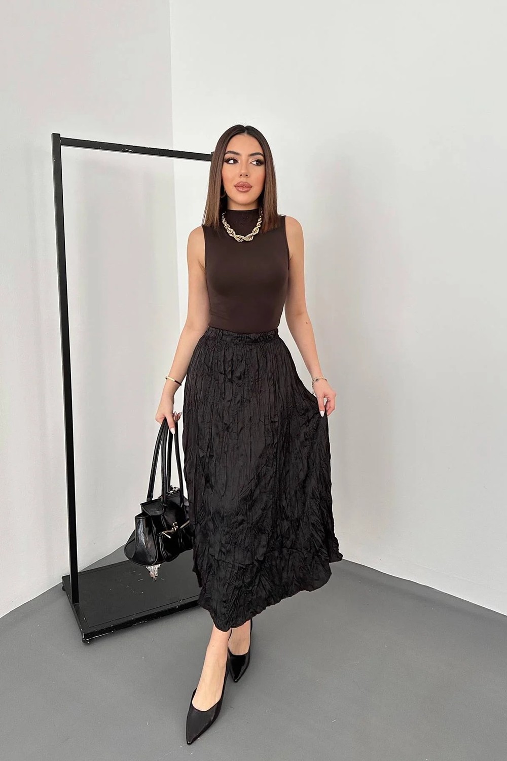Moda Days Kadın Siyah Kraş Dokulu Beli Lastikli A Kesim Midi Etek