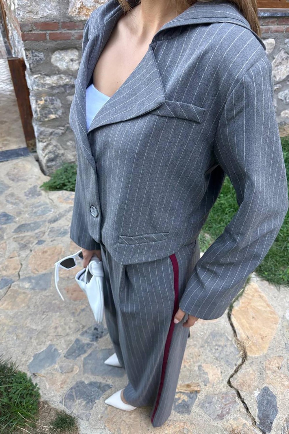 Moda Days Kadın Gri Crop Çizgili Kapüşonlu Düğmeli Uzun Kollu Dokuma Ceket görsel 4