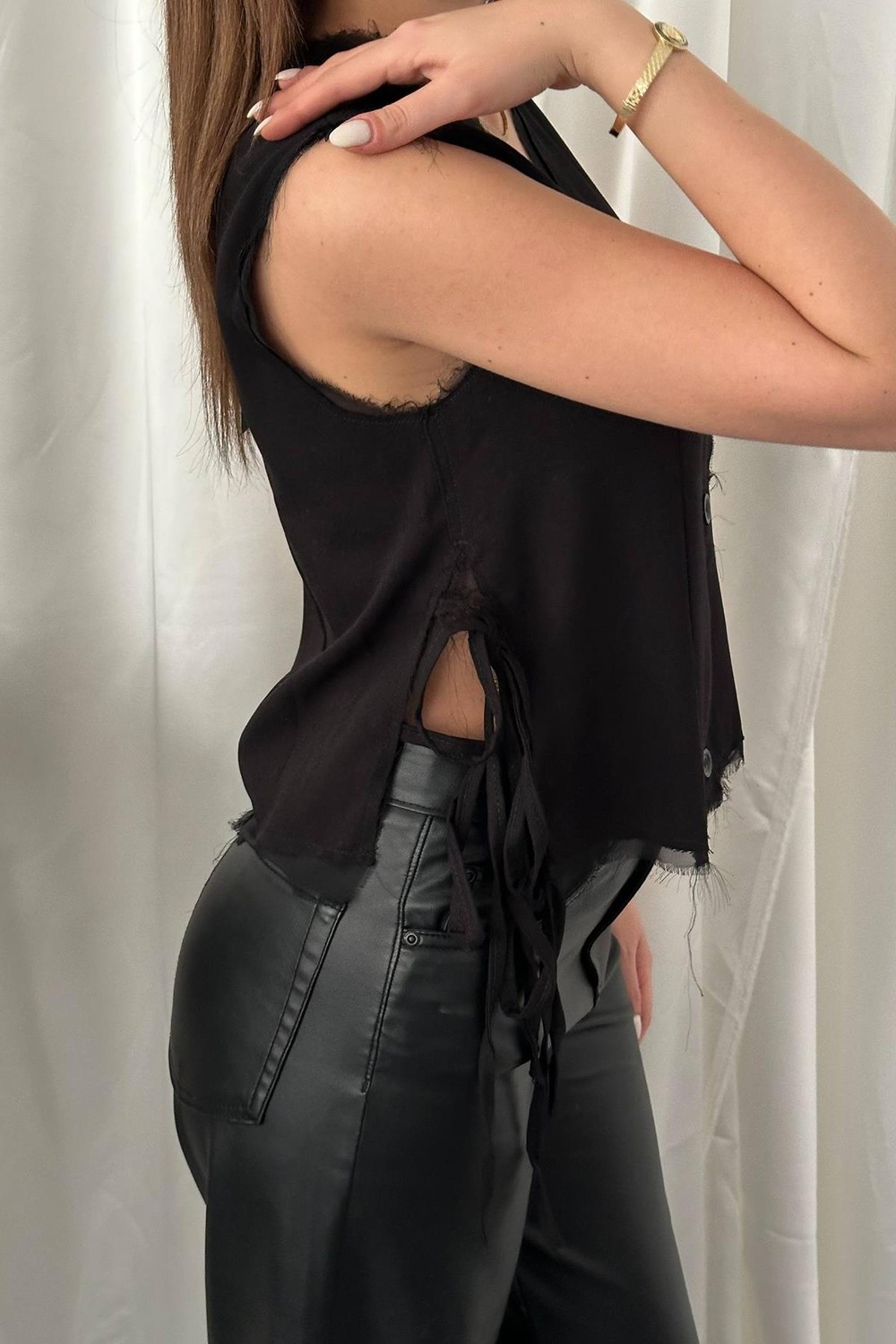 Moda Days Kadın Siyah Düğmeli Yan Bağcıklı V Yaka Kolsuz Dokuma Yelek görsel 5