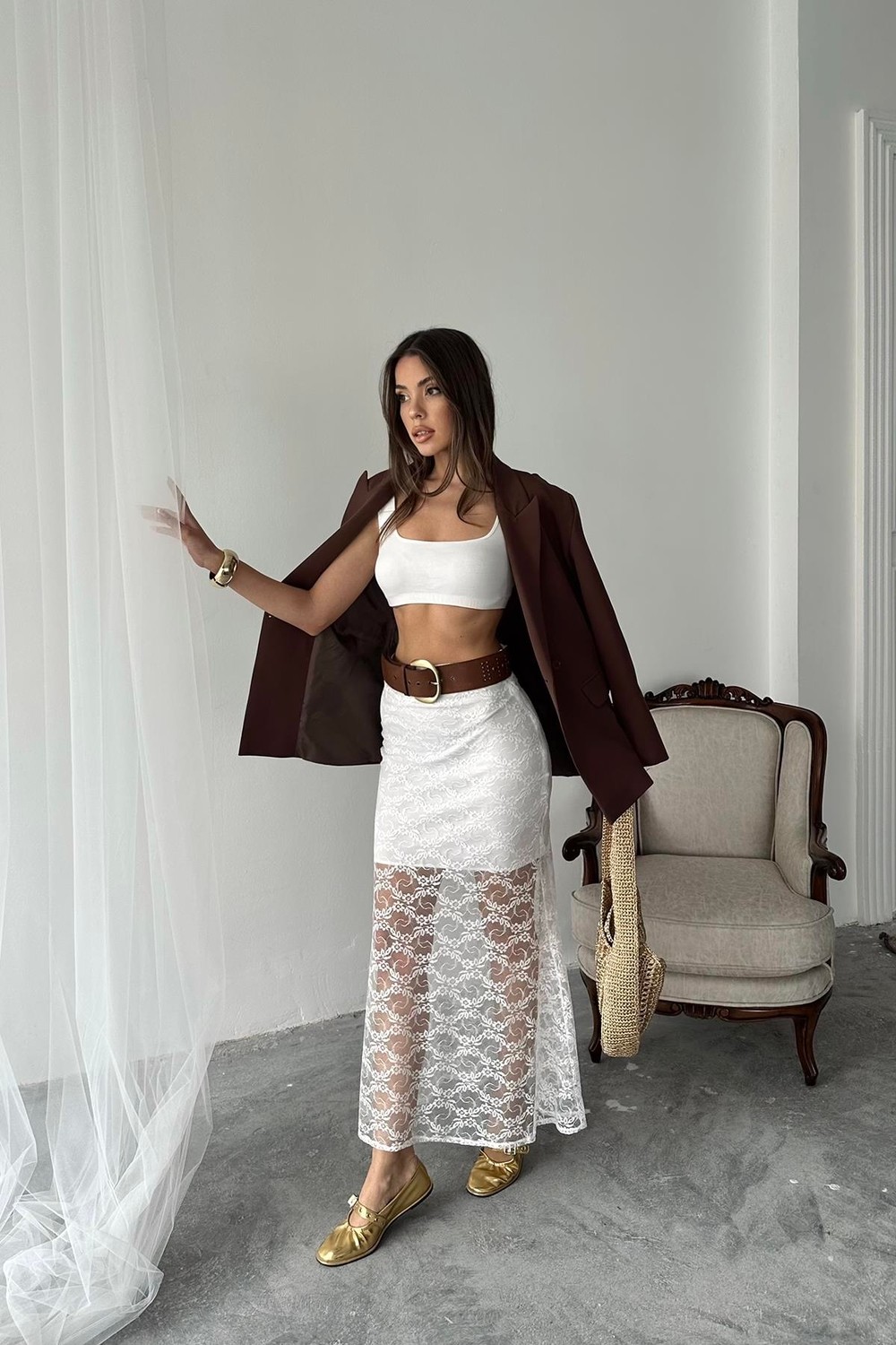 Moda Days Kadın Beyaz Dantel Detaylı Astarlı Uzun Dar Kesim Çiçek Desenli Etek